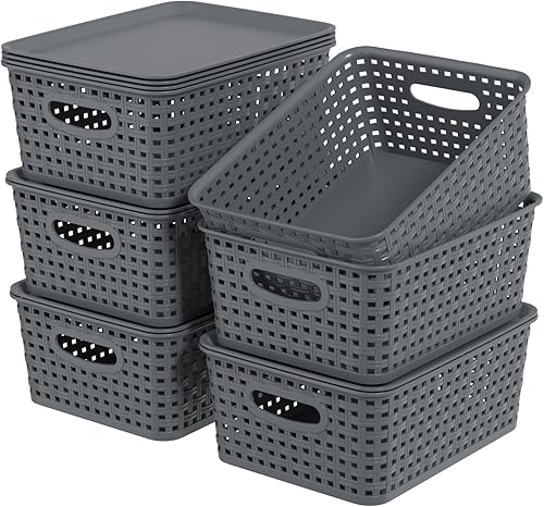 Paquete de 6 cestas pequeñas de almacenamiento tejidas de plástico con tapa, canasta gris