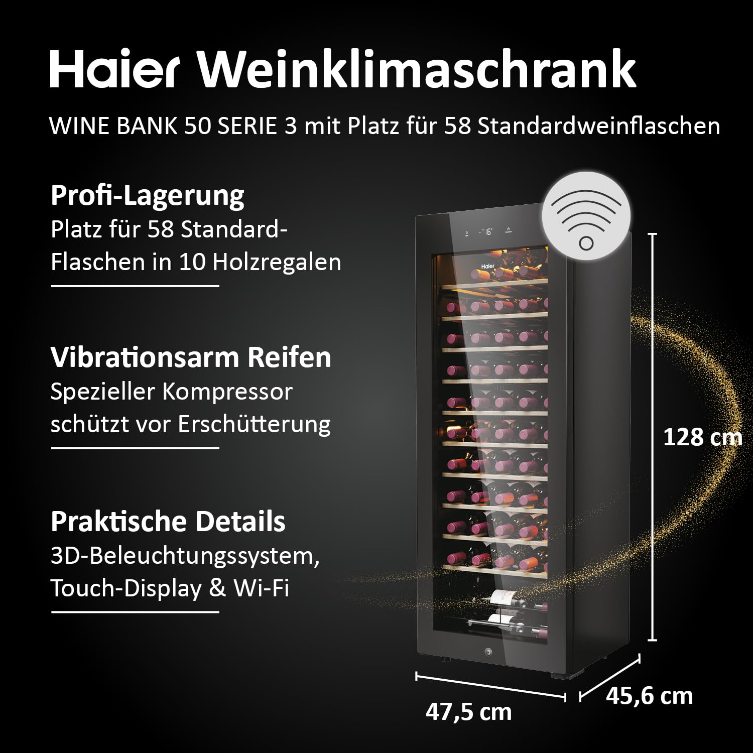 Haier Weinkühlschrank 50 SERIE 3 HWS58GGH1 Weinklimaschrank 58 Flaschen Wine Fridge UV-Glastür 10 Holzregale Wi-Fi Touch-Display