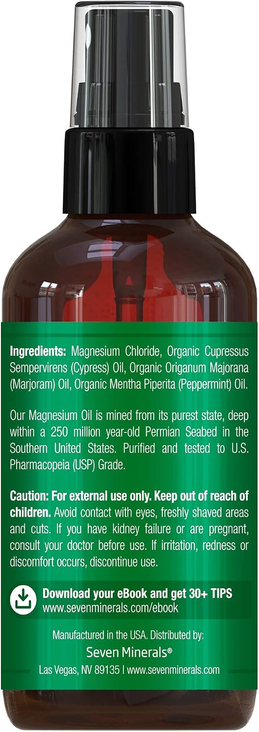 Seven Minerals Magnesium Oil Spray - Powerful USA Made Blend with Essential Oils (Cypress, Sweet Marjoram and Peppermint) - Free Ebook Included (4 fl oz)
