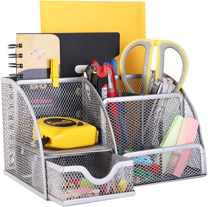 YCOCO Desk Organizer for Office,All in One Desktop Organizer with Note Paper Organizer and Pencil Holder, Silver Metal Mesh Office Organizer for Office Supply and Desk Accessories Organizers : Office Products