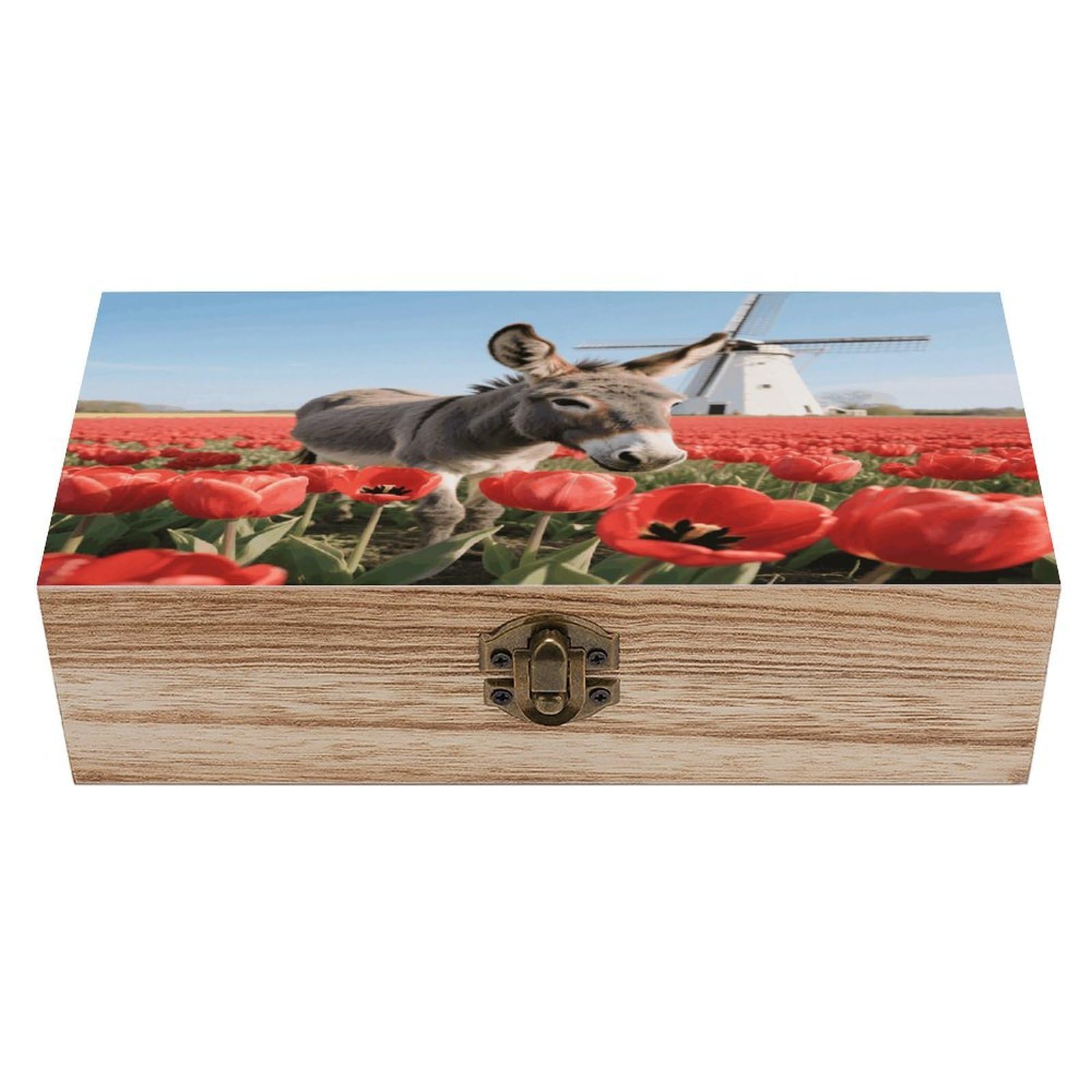 VstaDank Donkey And Flowers Wooden Storage Box Vintage Style Wooden Storage Case with A Hinged Lid Memory Treasure Boxes Decorative Jewelny Photos for Organizer 7.9 * 3.7 * 2.3 Inch