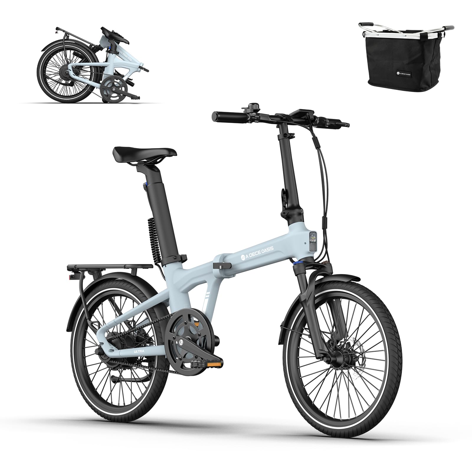 Ado Air20Ultra2026 Bicicleta Eéctrica Plegable, 25 km/h para Adultos, 36V 9,6 Ah, Autonomía 100 km, Pantalla LCD, Sistema MIK, Sensor de Par, Transmisión por Correa, APP,NFC,Bolsa Delantera