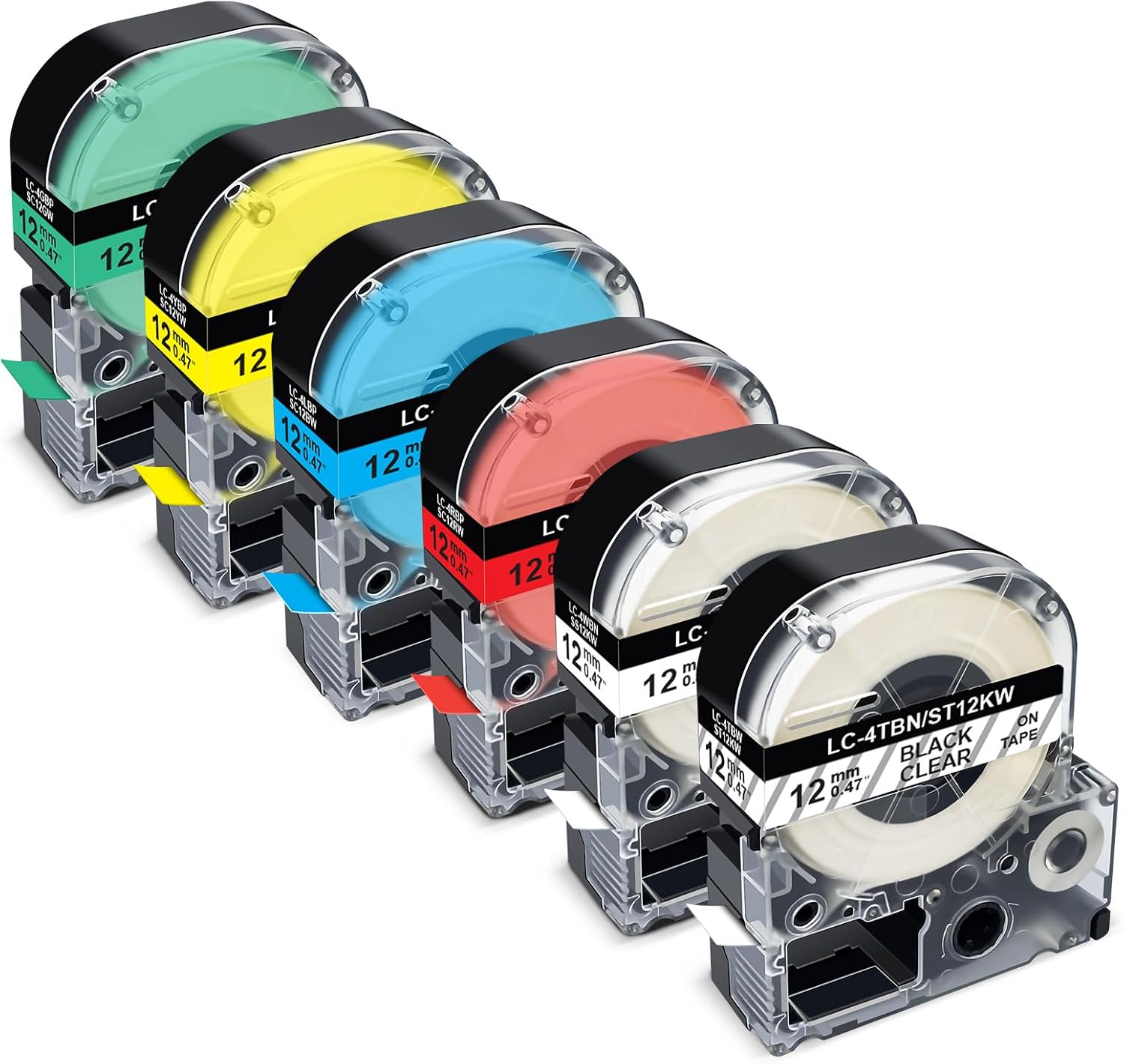 Pristar 5-Pack Compatible for Epson 12mm 0.47" Label Tape LK-4WBN SS12KW LK-4LBP LK-4RBP LK-4YBW LK-4GBP Color Refills Work for Epson LabelWorks LW-300 LW-400 LW-500 LW-600P LW-700 LW-900P Label Maker