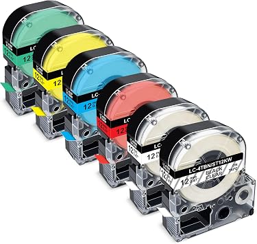 Pristar Compatible for Epson Label Maker Tape 12mm 0.47" Color Refills | LK-4WBN LK-4TBN LK-4LBP LK-4RBP LK-4YBW Work with Epson LabelWorks LK-4GBP LW-300 LW-400 LW-500 LW-600P LW-700, 6-Pack