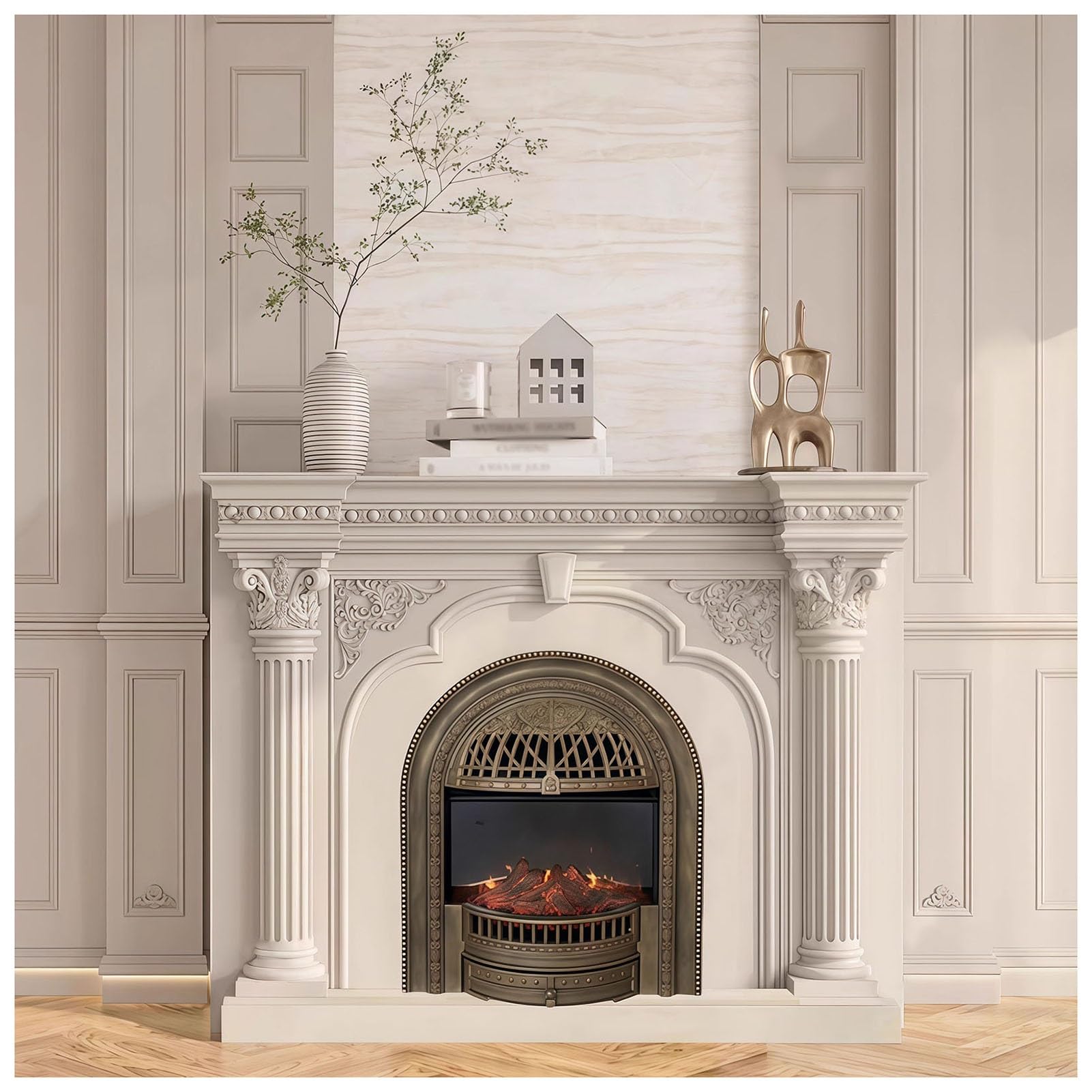 Camino elettrico, mobile per camino con fiori intagliati in legno massello | Villa Soggiorno Simulazione 3D Caminetto Decorazione Armadio Può Essere Personalizzato(160cm/63in)