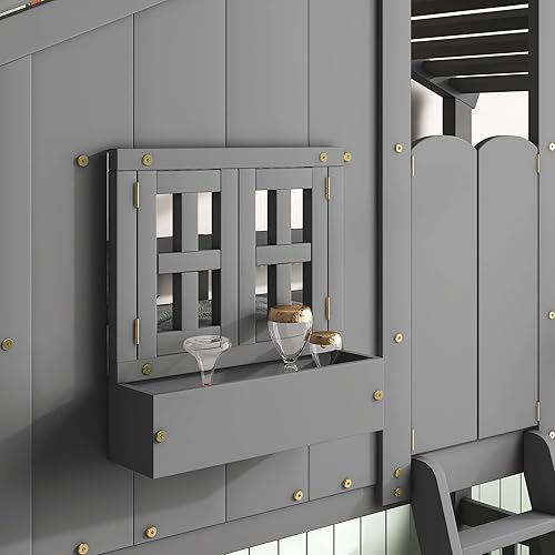 Miniatura 6 de Litera baja cama individual sobre cama individual con techo y ventana marco de madera con barandillas de seguridad para niños niñas adolescentes