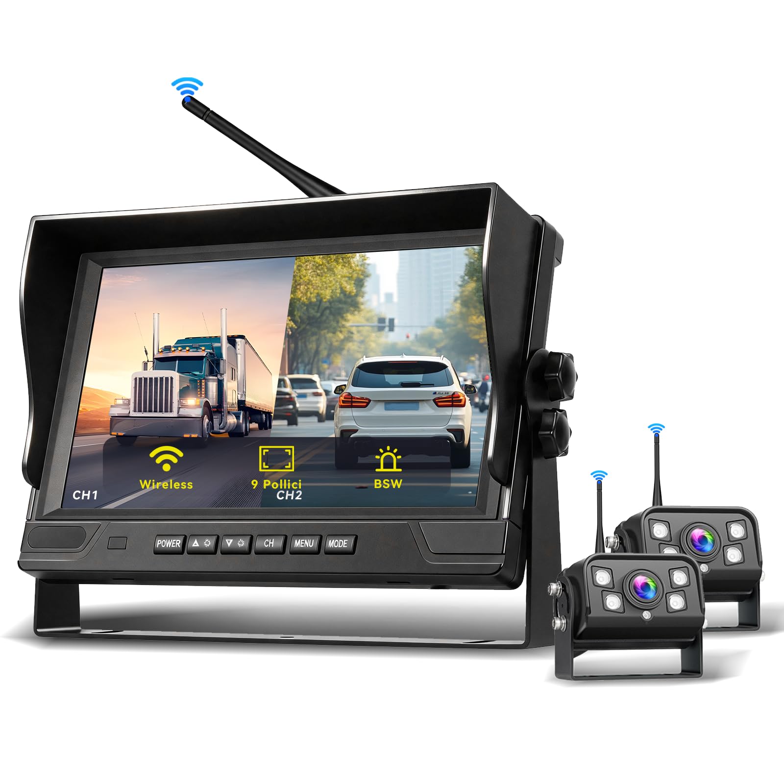 Hikity DVR 9 Pollici IPS Monitor Con Doppio Telecamera Retromarcia Wireless | IP68 Impermeabile Telecamere Posteriore Avviso di Angolo Cieco Visione Notturna Telecamere per Auto Camion Camper 12V-24V