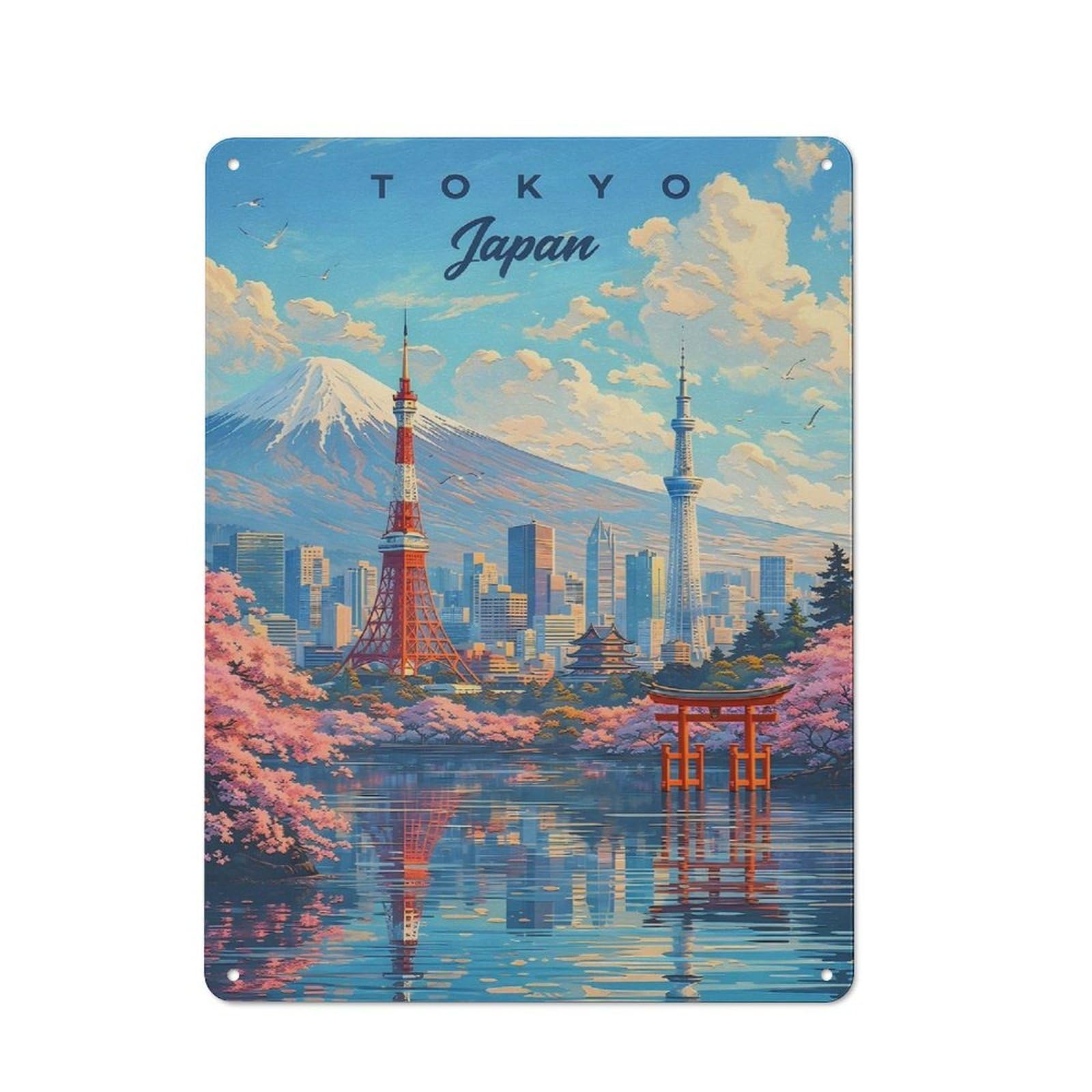 Understated Tokyo Japan Cityscape with Mount Fuji Metal Wall Plaque 40x30cm, Creative Space Decor for Office, Study, Studio Or Hallway