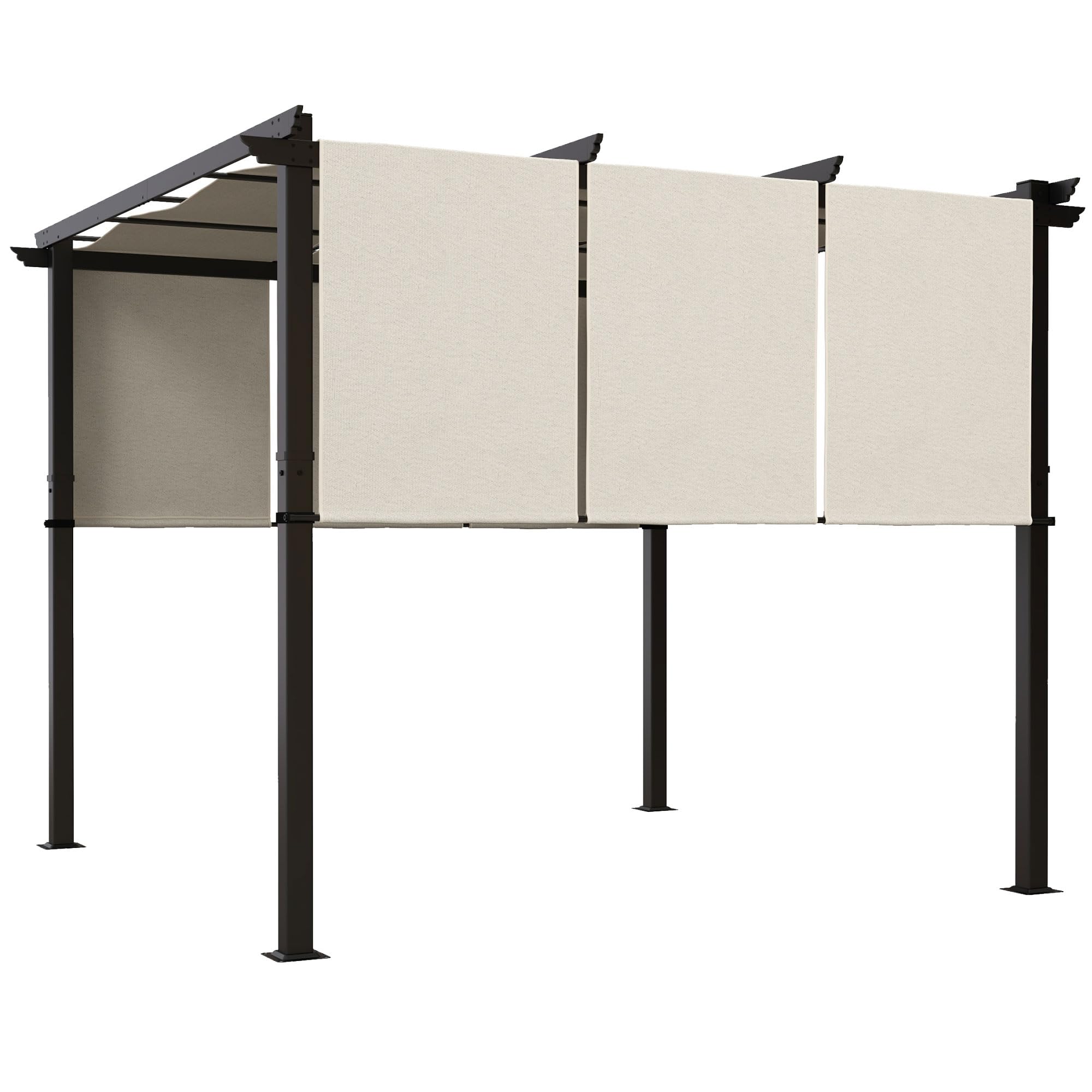 Outsunny Pergola avec 3 Toiles Coulissantes 3 x 3 x 2,38 m, Structure Acier Noir, Toile Polyester Haute Densité Beige