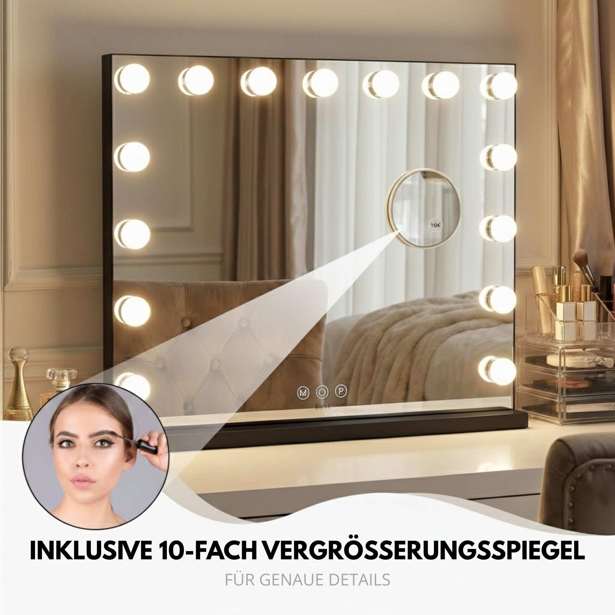 Bayt Schminkspiegel mit Beleuchtung 58x46 cm – Hollywood Kosmetikspiegel Schwarz | Tischspiegel Dimmbar mit 18 LED Lampen, 3 Lichtmodi & 10-Fach Vergrößerungsspiegel | Standspiegel für Schminktisch