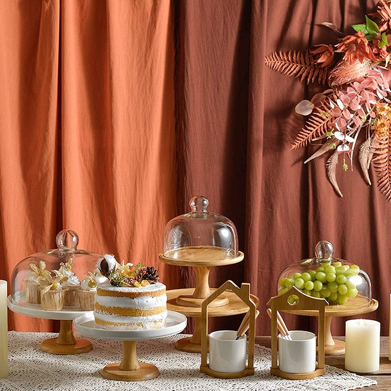 Wooden Cake Pan And Dome Transparent Glass Dust Cover Theme Party Bar Fruit Display And Decorative Tray Pastry (Size : 24.8cm) (24.8cm)