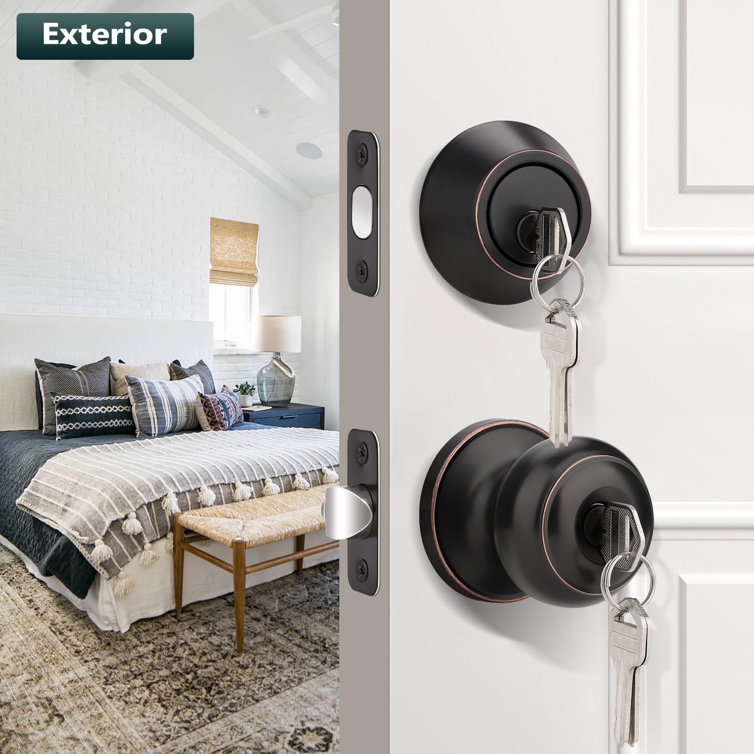 EHOMEWARE Paquete de 3 pomos de puerta de bronce aceitado, con llave igual con cerrojo de seguridad, perilla redonda para puerta de entrada y cerrojo de un solo cilindro, reversible izquierda/derecha