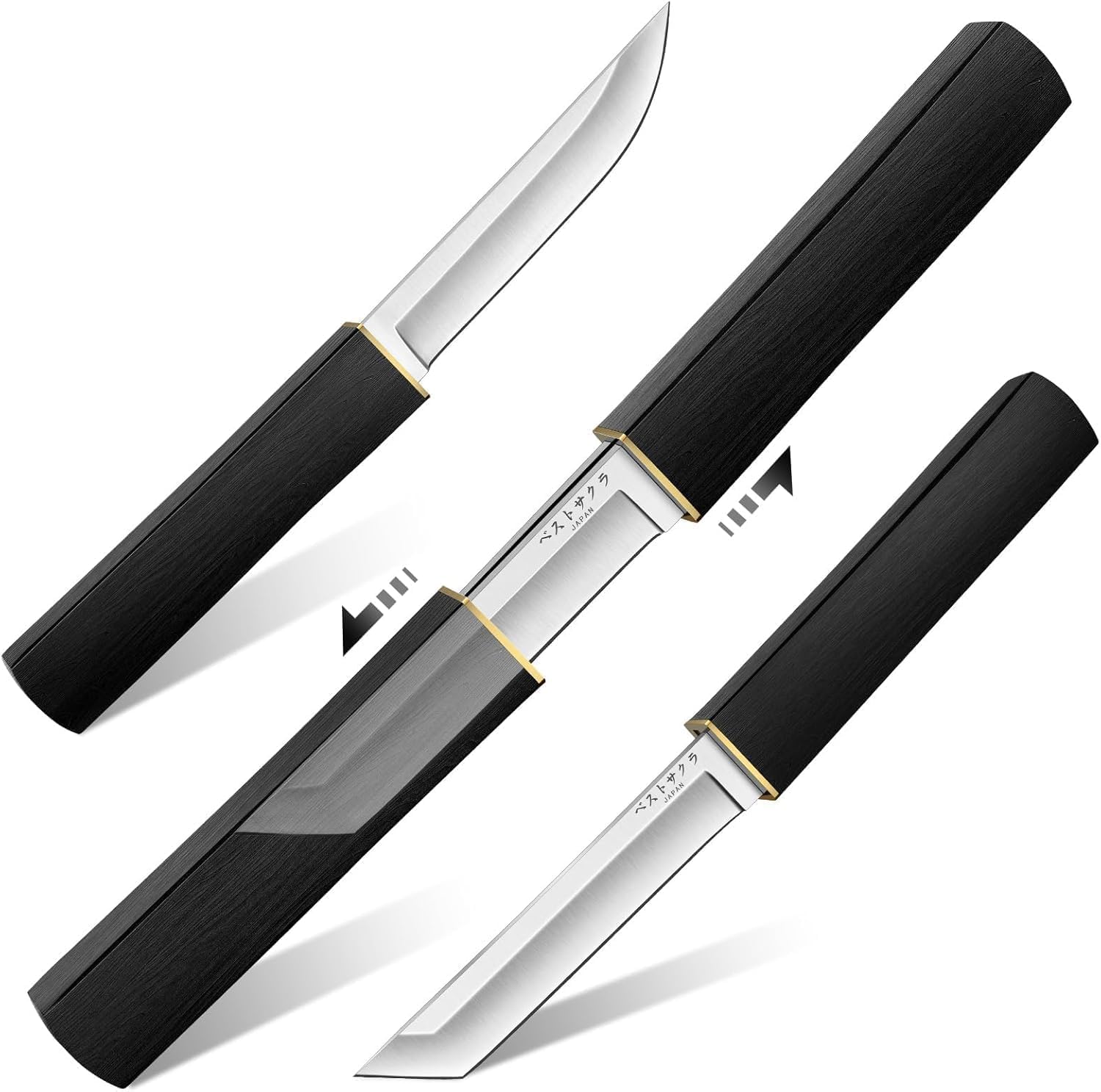 Mini Katana Knives Set – 2 in 1 Janpanese Tanto Knife with Integrated Wood Sheath & Handle, Stainless Outdoor Double Knife Set, Short Samurai Swords for Camping Survival BBQ Home, Gift for Men