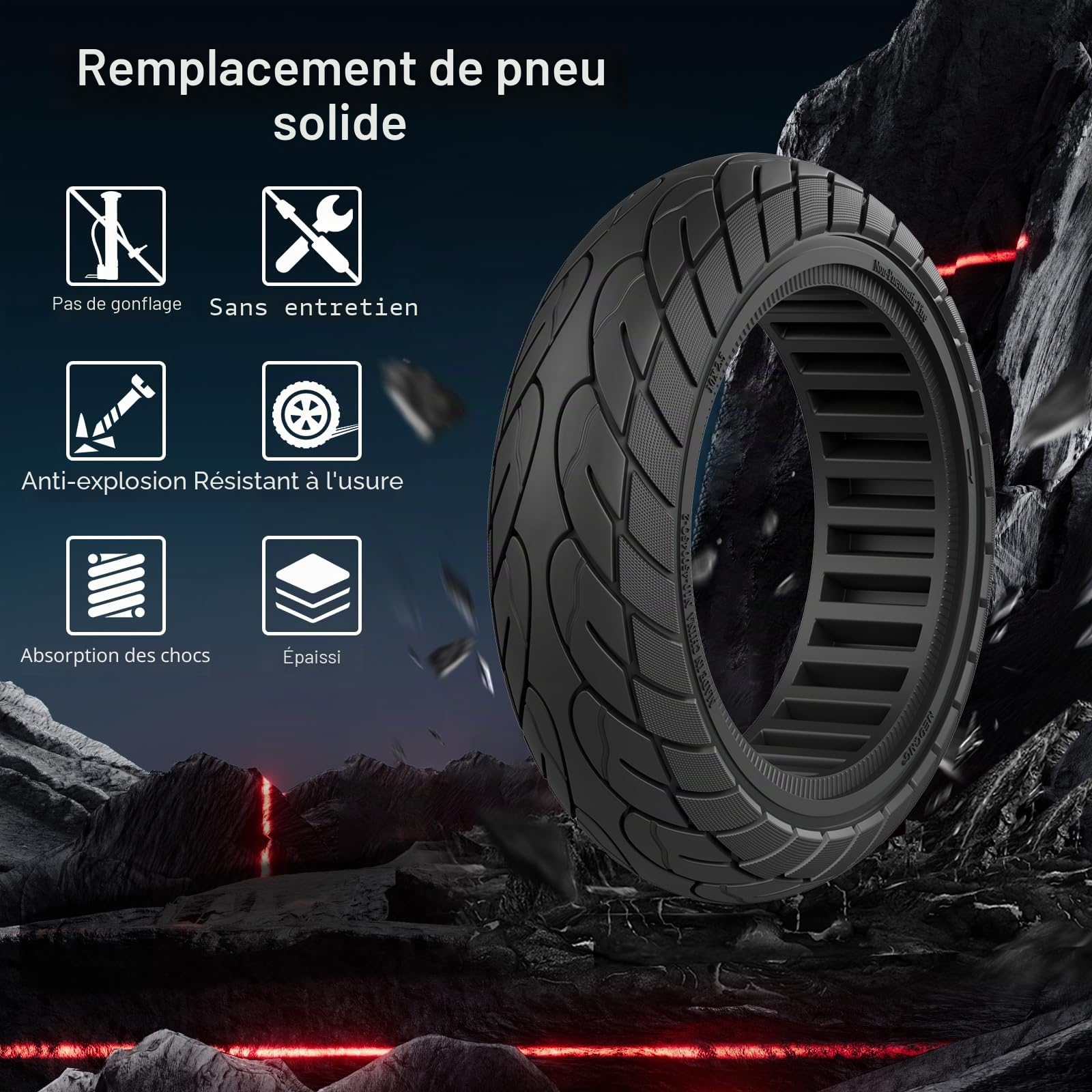 OUXI Pneu Solide 10x2.5 Pouces, Pneus Plein 10x2.5 Anti Dérapant, Pneu Solide Pour Scooter électrique à Haut Rebond Et Absorption Des Chocs