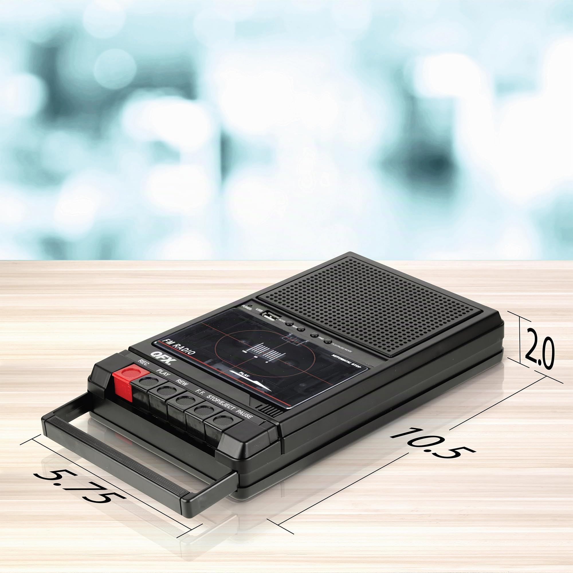 QFX RETRO-39 Tragbarer Schuhkarton, USB-auf-Kassettenrekorder, analoges Kassetten-Deck mit integriertem Mikrofon, 8,9 cm Bluetooth-Lautsprecher mit FM-Radio