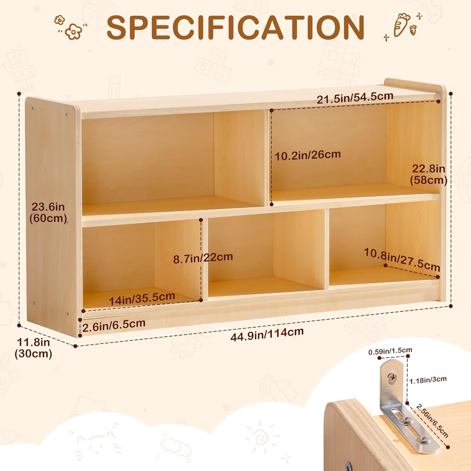 ROBUD Wooden Toy Storage Organizer, 5-Compartment Montessori Shelf with Anti-tip Kit, Wooden Storage Cabinet for Kids Room, Bedroom, Playroom, Nursery, Preschool, 44.9" x 23.6" x 11.8"