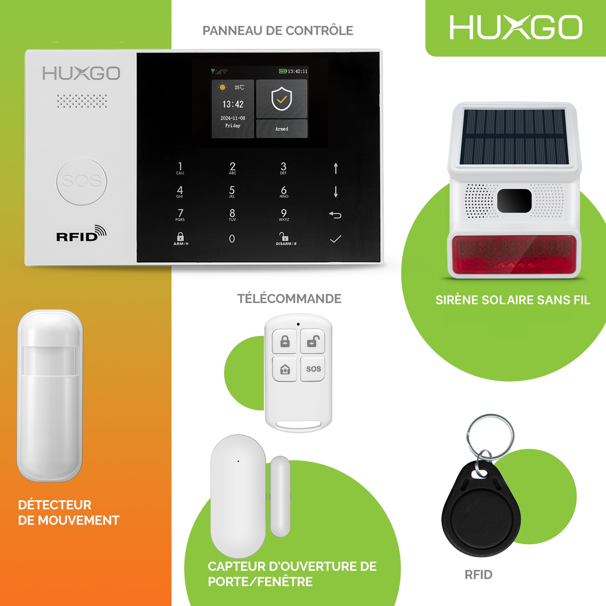 HXA005 Alarme Maison avec Sirène Solaire sans Fil, WiFi + GSM 4G | Kit d'alarme Maison Domestique avec x détecteurs de Mouvement, 5X capteurs de Portes et fenêtres | TUYA App Intelligent