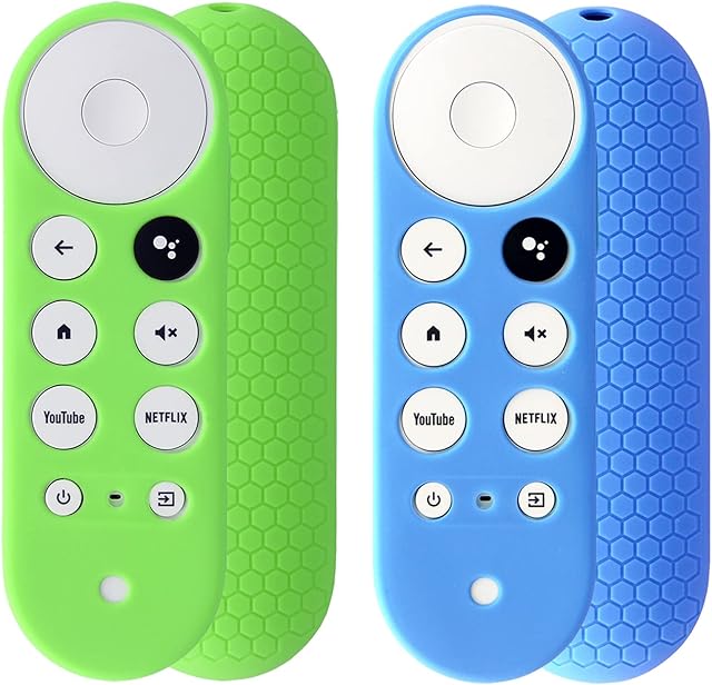 Pinowu Etui na pilot głosowy do urządzenia Chromecast z funkcją Google TV (Voice Remote), świecące w ciemności, antypoślizgowe, odporne na wstrząsy, silikonowe, zielone i niebieskie, 2 szt.