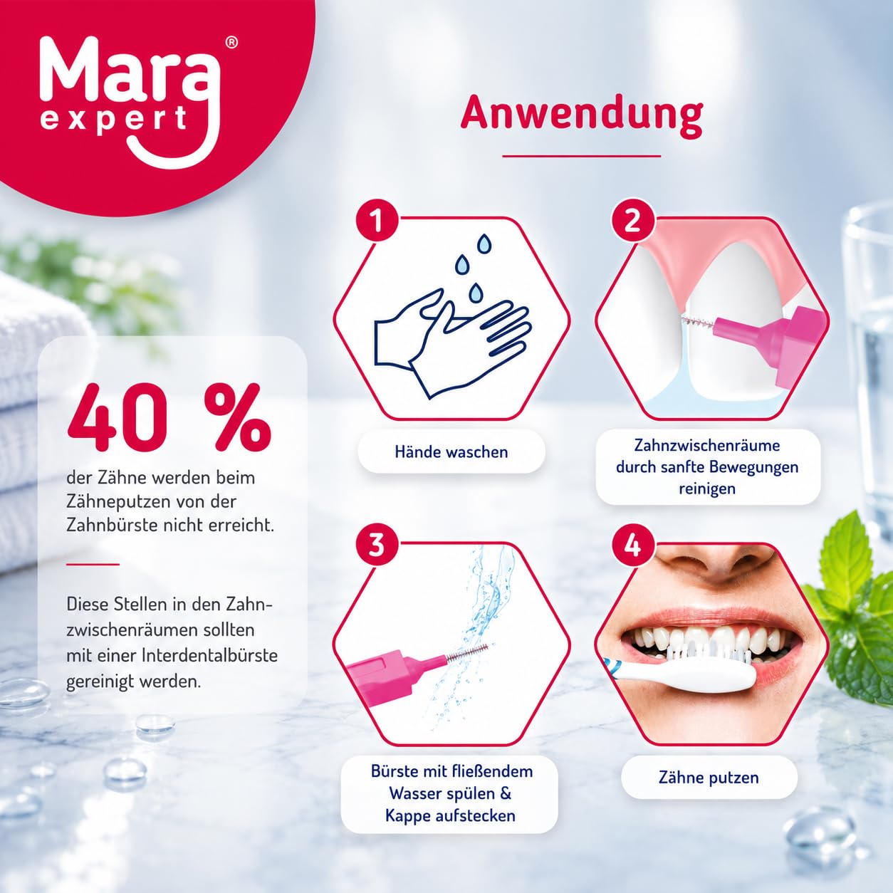 MARA EXPERT Cepillo Interdental Azul | 0,6 mm ISO 3 Medio | 8 cepillos interdentales | Bioplástico | Cepillos para Espacios Interdentales | Con Sabor a Menta - Clorhexidina - Flúor