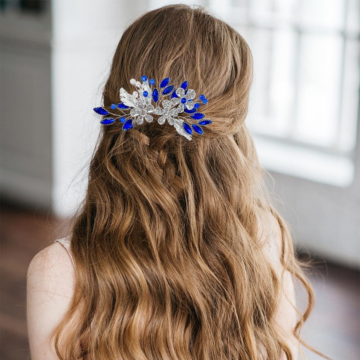 Flower Bridal Blue Rhinestone Hair Comb, Hair Accessories Rhinestone Hair Piece for Women and Girls - Image 5