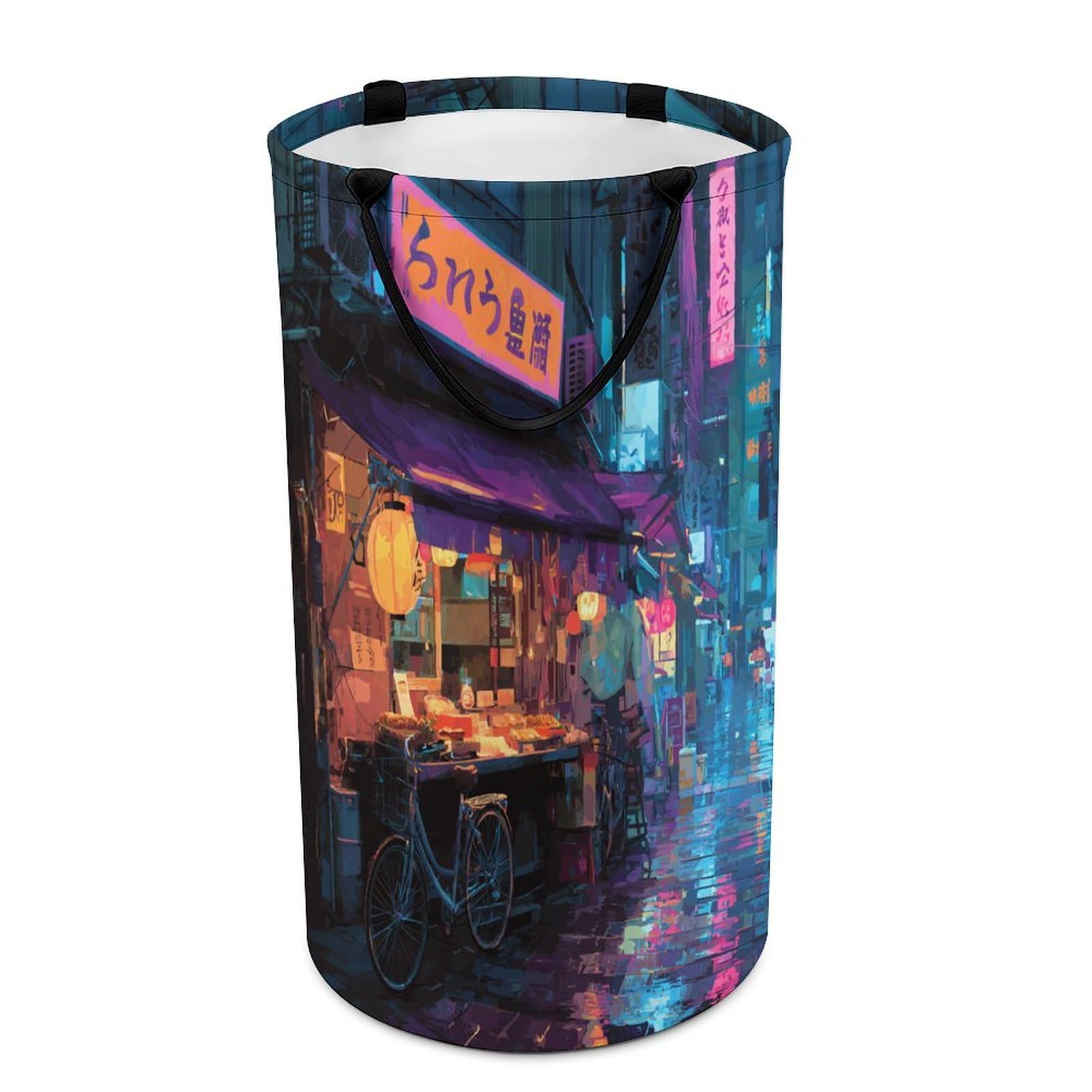 LUYYSKY Classic Abstract City Night Collapsible Dirty Clothes Basket, Rustic Fantasy Neon Japanese Street City Pattern Portable Clothes Storage Basket