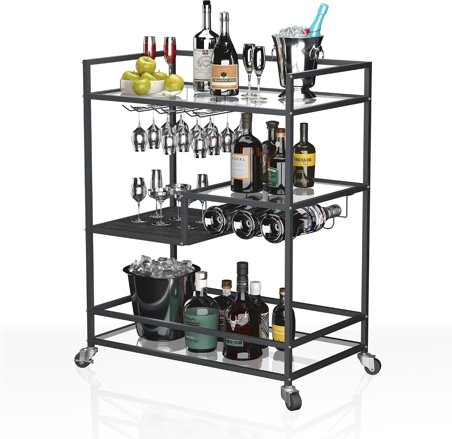 Amazon.com - SULIVES Black Bar Carts with 4 Tier Shelves, Rolling ...