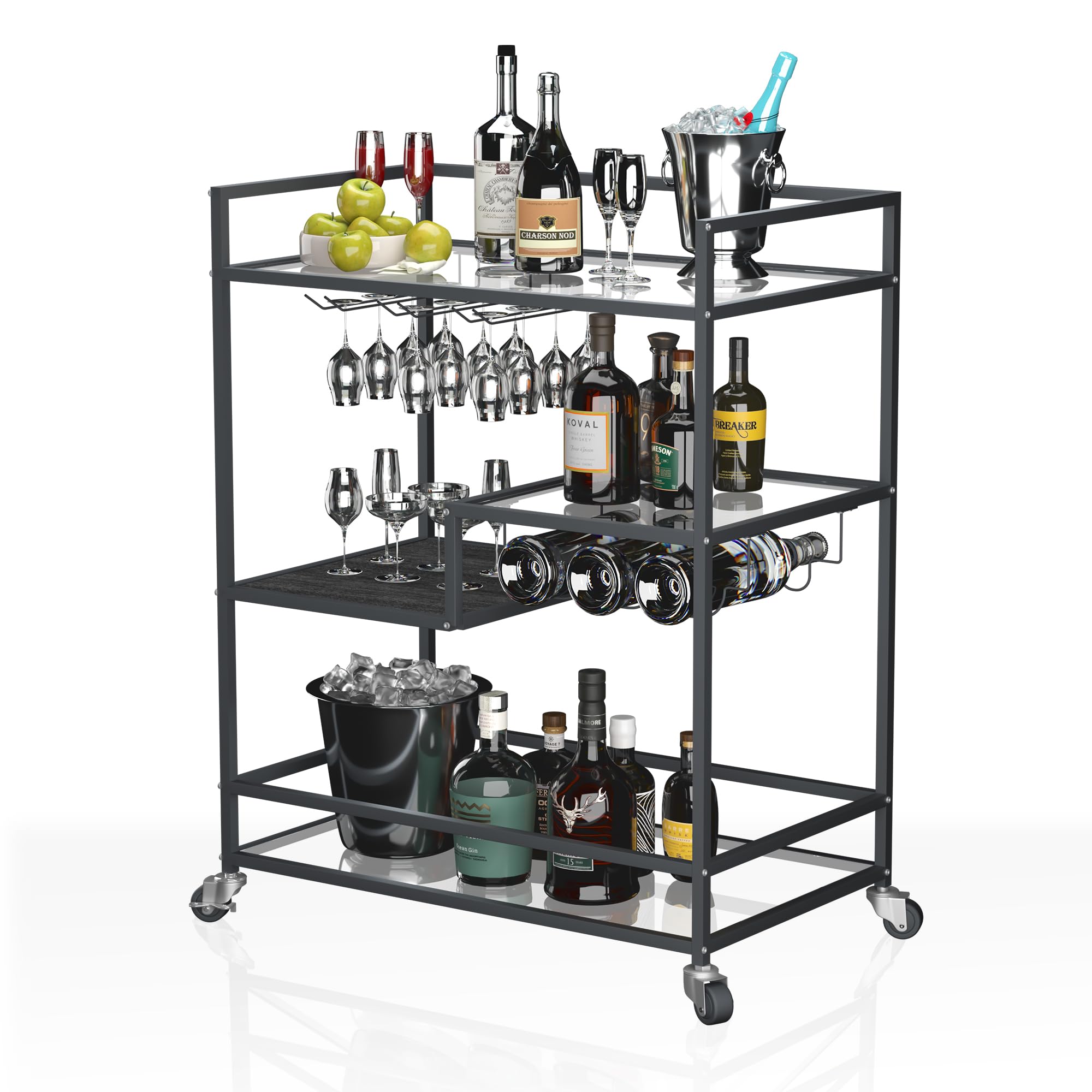 SULIVESBlack Bar Carts with 4 Tier Shelves, Rolling Serving Bar Cart with Wine Rack and Tempered Glass Holder, Home Bar Carts & Wine Carts on Lockable Wheels for Kitchen, Party,Dining Room