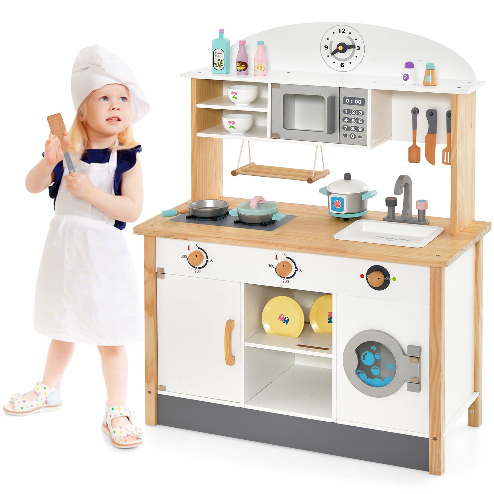 GOPLUS Kinderküche mit Spielzubehör, Spielküche mit Backofen, Mikrowellen, Wasserbecken & Waschmaschine, Stabiler Spielzeugküche mit offener Fächer und Schränke, für Kinder ab 3 Jahren