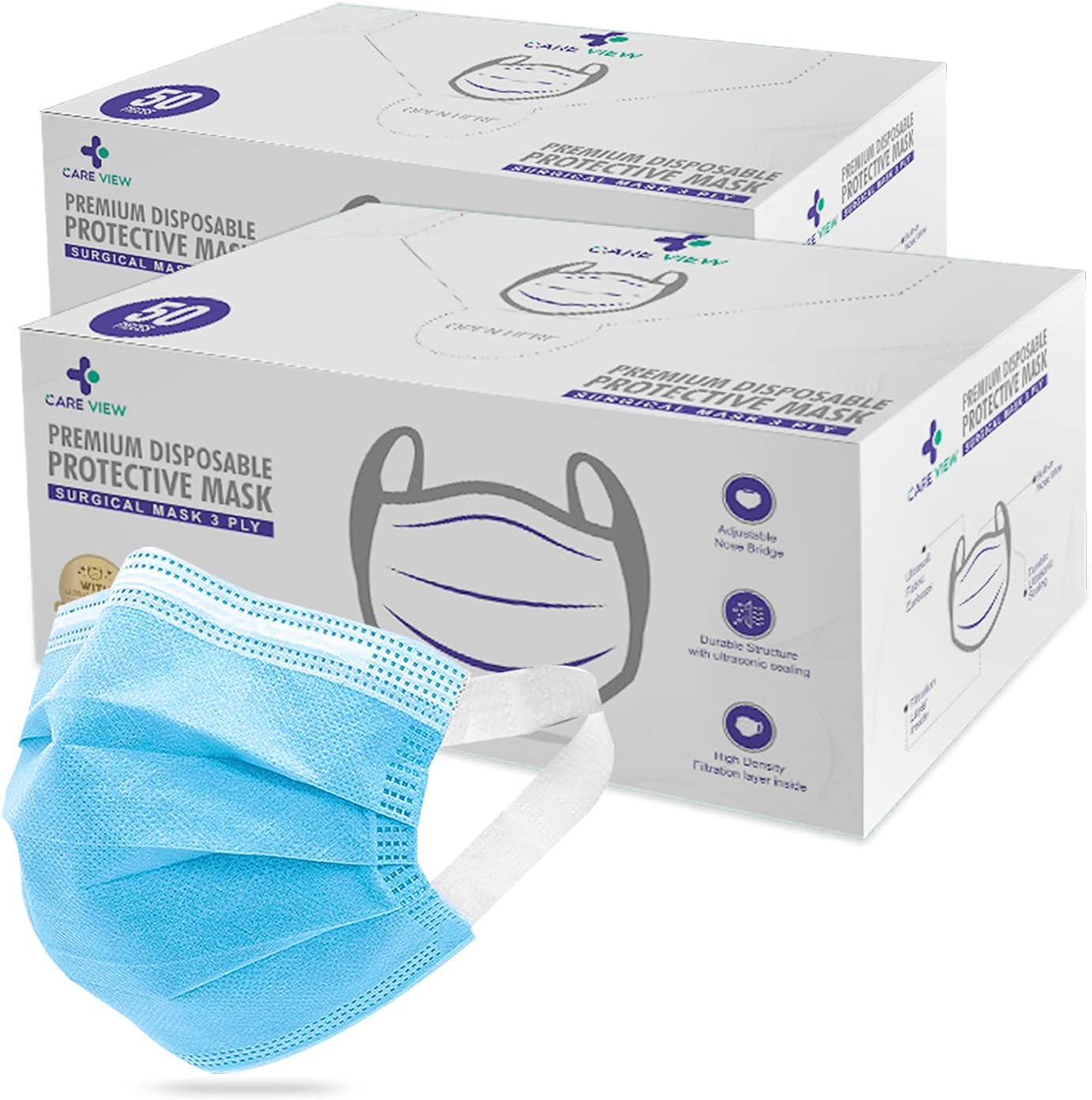 Careview 3 Ply Disposable Face Mask Box with FABRIC Earloop , Certified by BFE>99% and PFE > 95%, SITRA, DRDO, ISO and CE (Pack of 400, BLUE)
