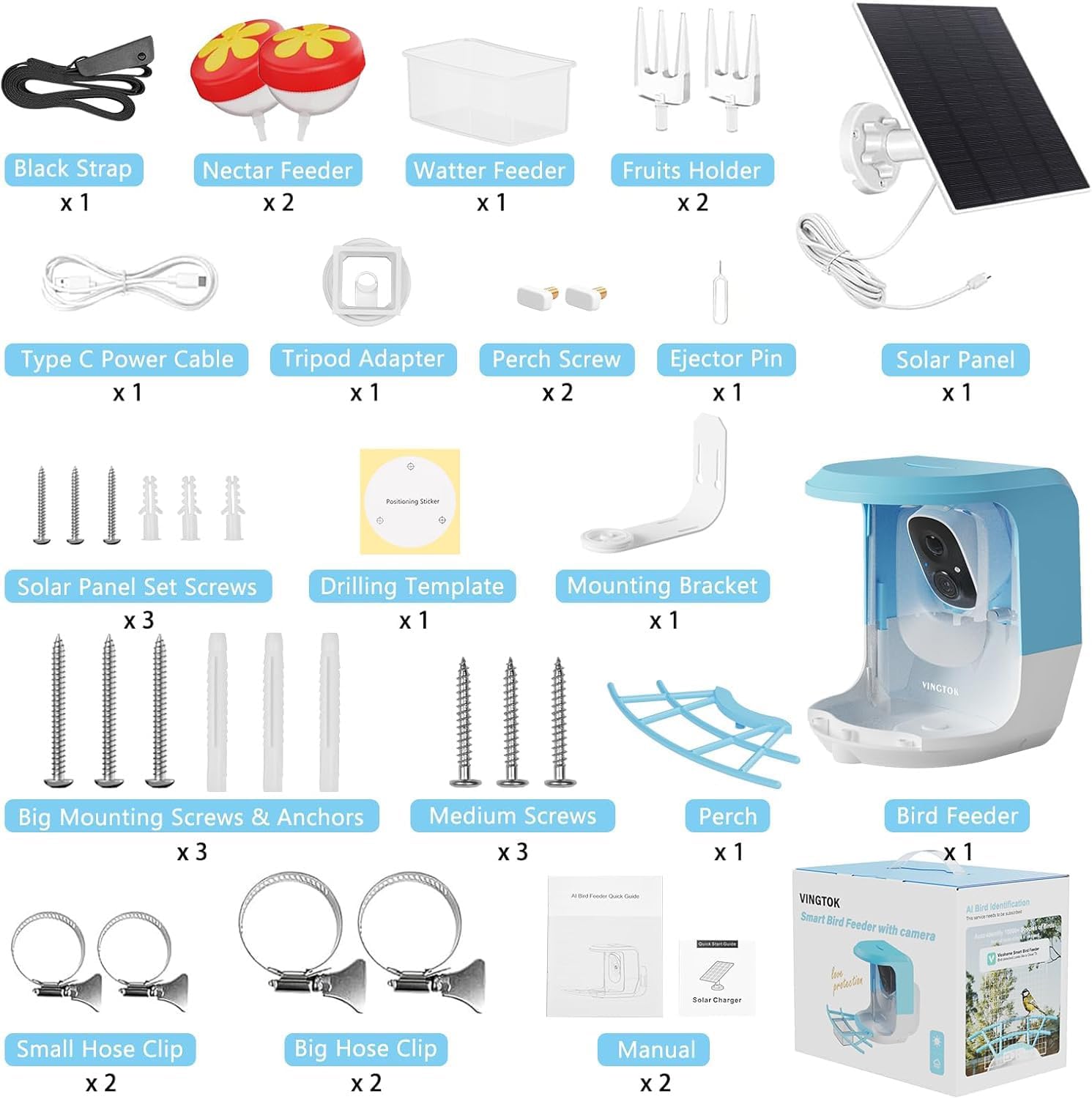 All components included in the Vingtok Smart Bird Feeder package, laid out on a white background.