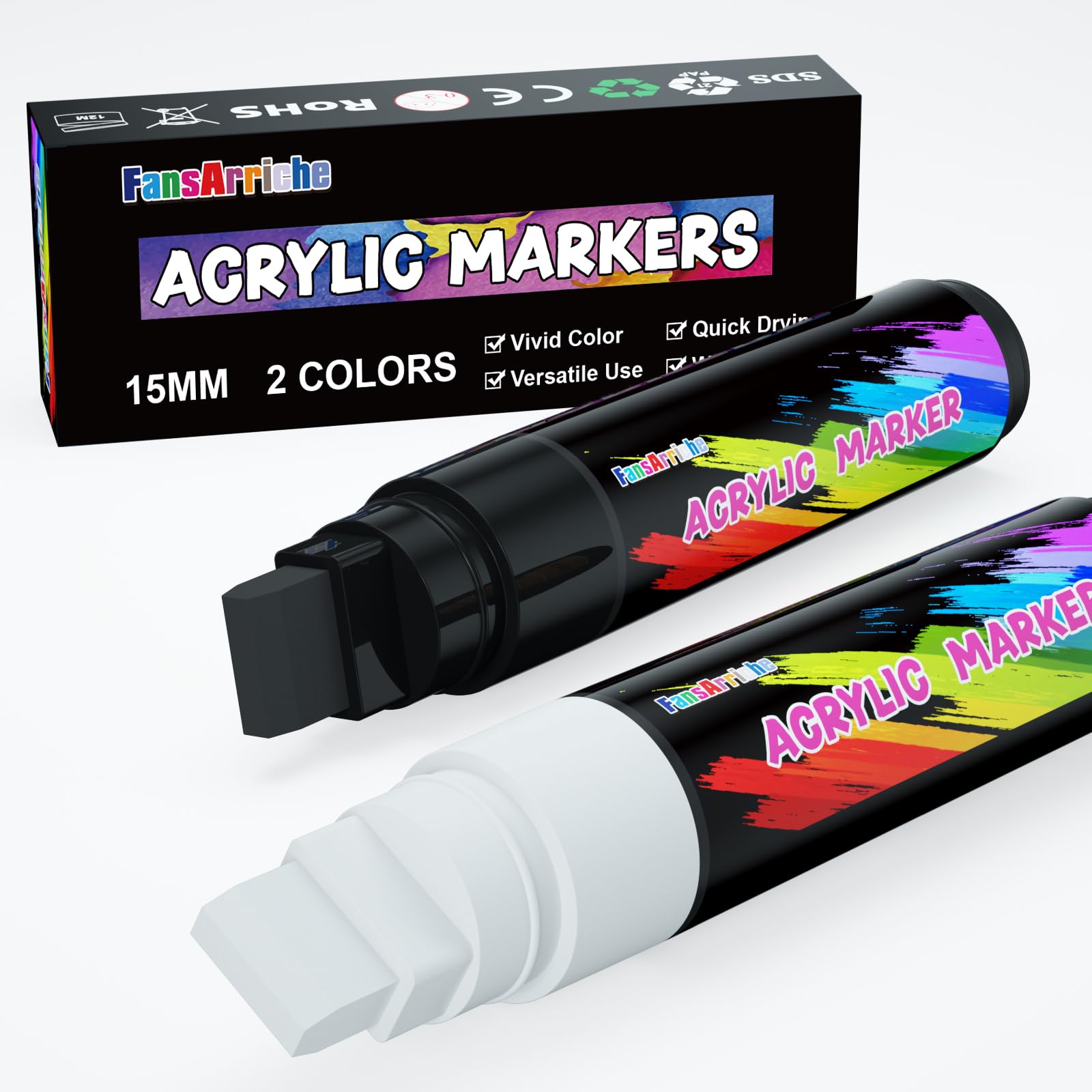 FansArriche Rotuladores acrílicos, 15 mm de punta de fieltro jumbo, resistentes al agua y permanentes en blanco y negro para marcadores, señales, caligrafía y pinturas al aire libre