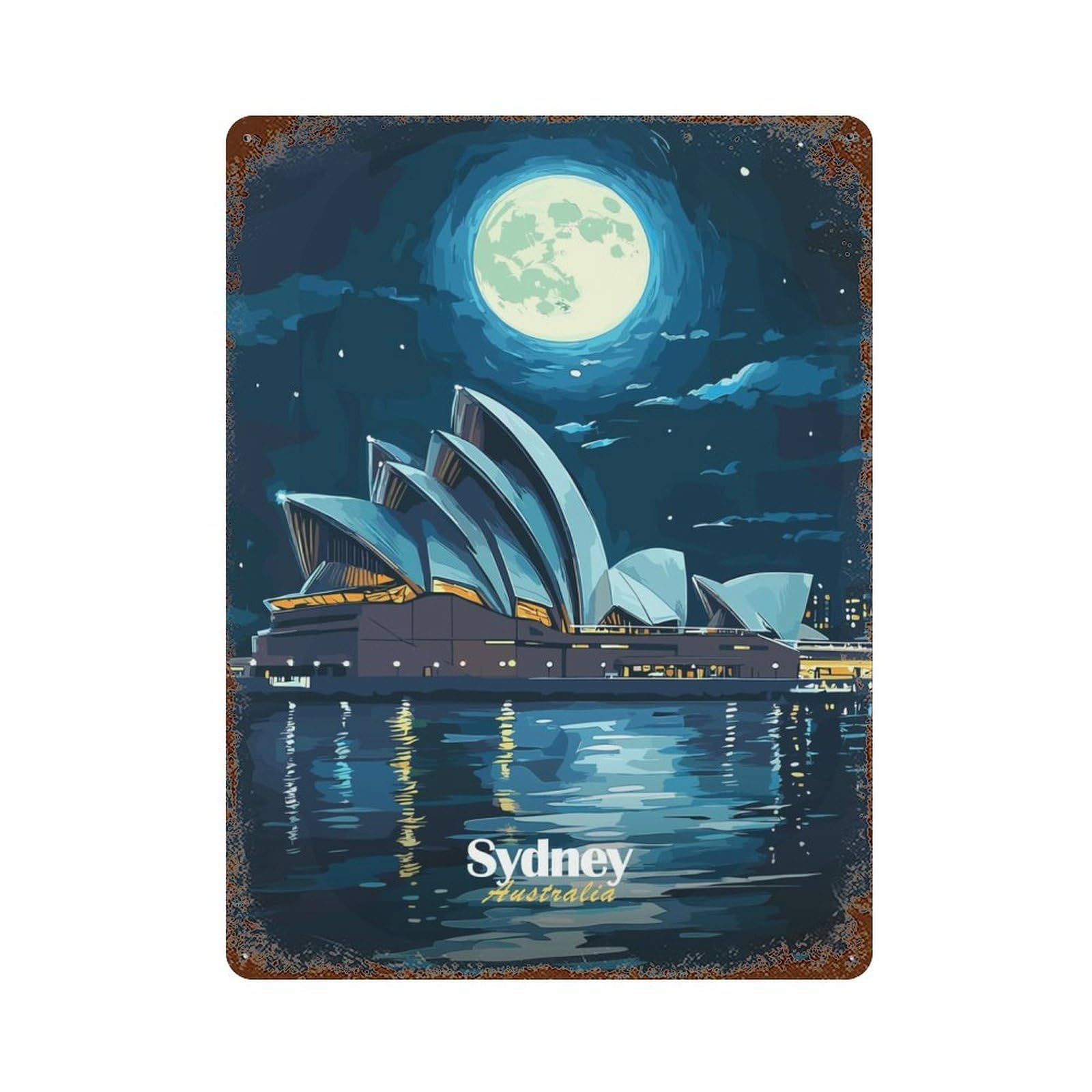 Garage Style Sydney Opera House Night Rust Effect Tin Sign 15.7"x11.8", Industrial Home Decor for Bar And Workshop