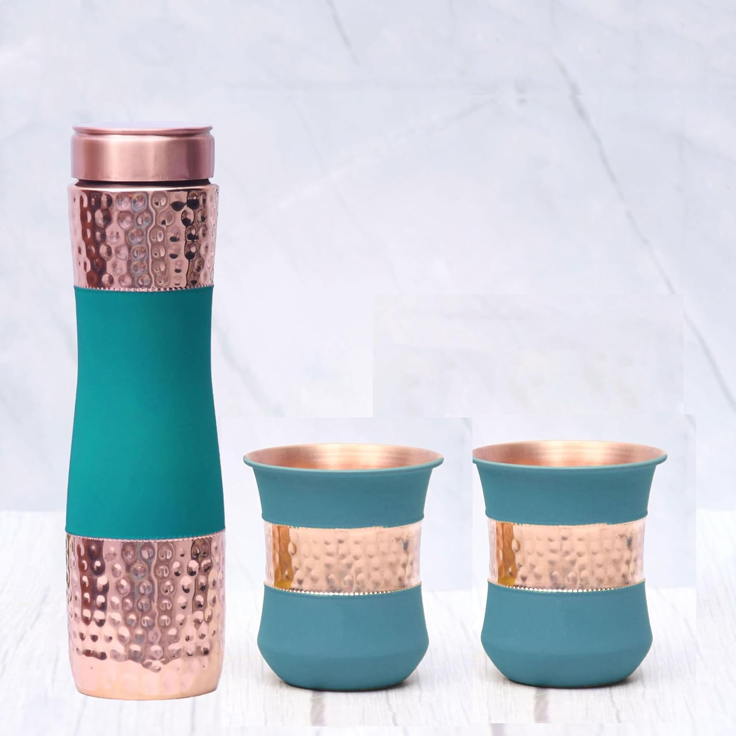 Pure Copper Water Bottle Silk Green Half Hammered with 2 Dholak Glasses (Set of 3) Capacity 1450 ML Silk Green Copper Bottle:- 2.83x10.6 inch Glass:-8x8x10.5 CM