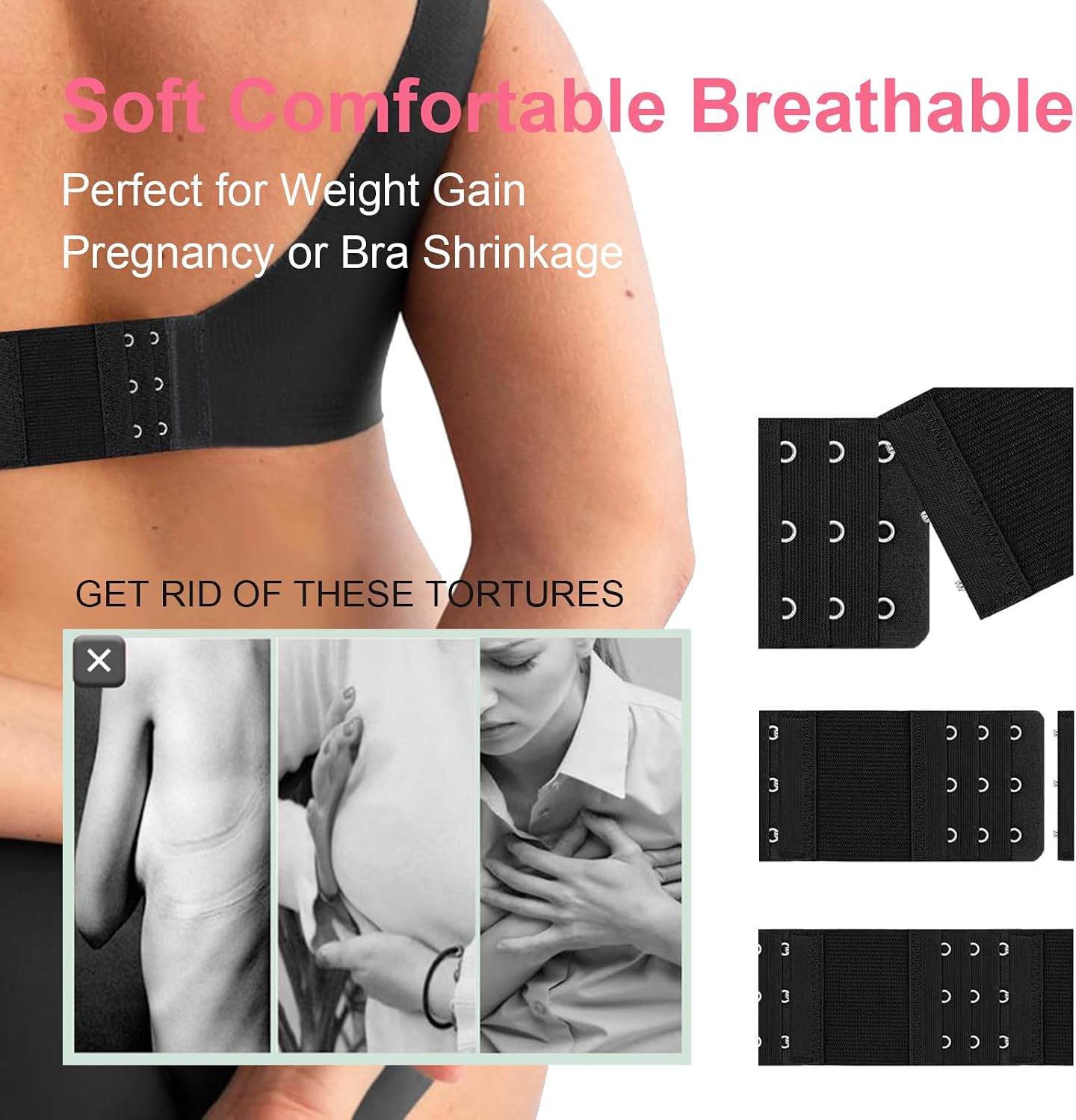 4 Pcs Women's Bra Extenders 3 Hooks 3 Rows, Elastic Bra Extenders, Soft Stretchy Back Bra Extension Strap, Adjustable Bra Extender (Black, White, Nude, Beige) | Elastic, Soft Stretchy Back Extension Strap, Adjustable