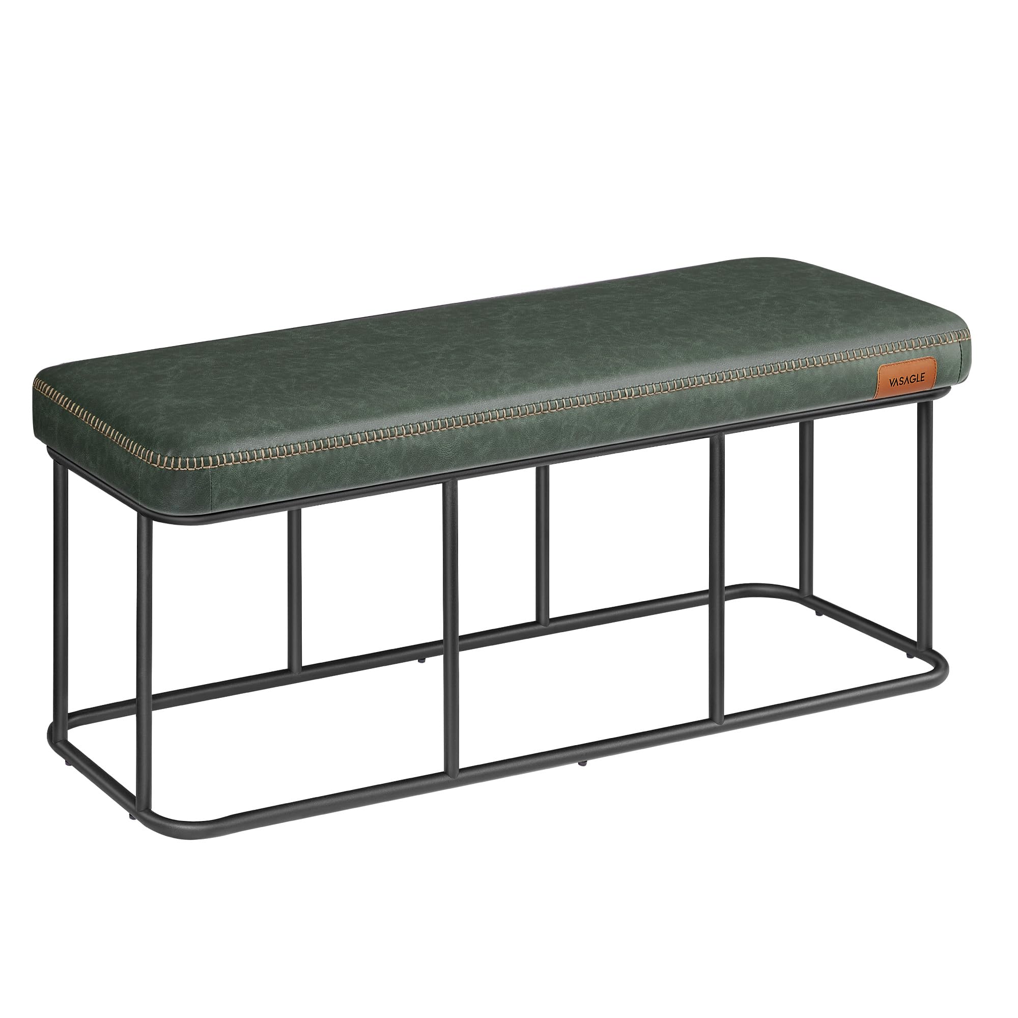 VASAGLE EKHO Collezione - Panca da Ingresso Camera da Letto, PU con Cuciture, Struttura in Acciaio, Soggiorno Sala da Pranzo, Moderno di Metà Secolo, Portata di 300 kg, Verde Foresta LOM073C01