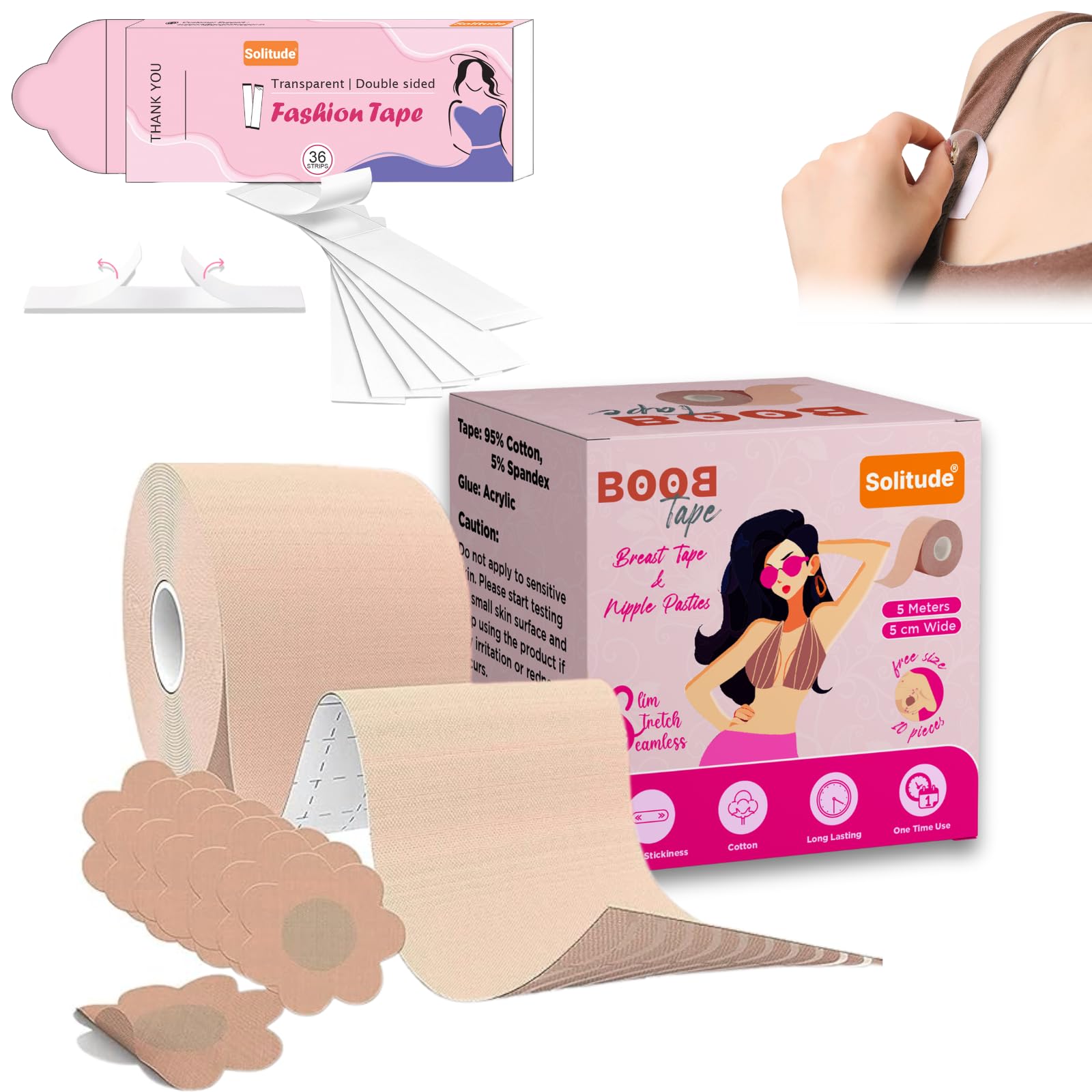 Solitude Boob Tape Kit - Breast Lift Tape & Strapless Dress Solution with 10 Nipple Pasties for Fashion with 36 Strips Multipurpose Invisible Double-Sided Fashion Tape for Women Clothes