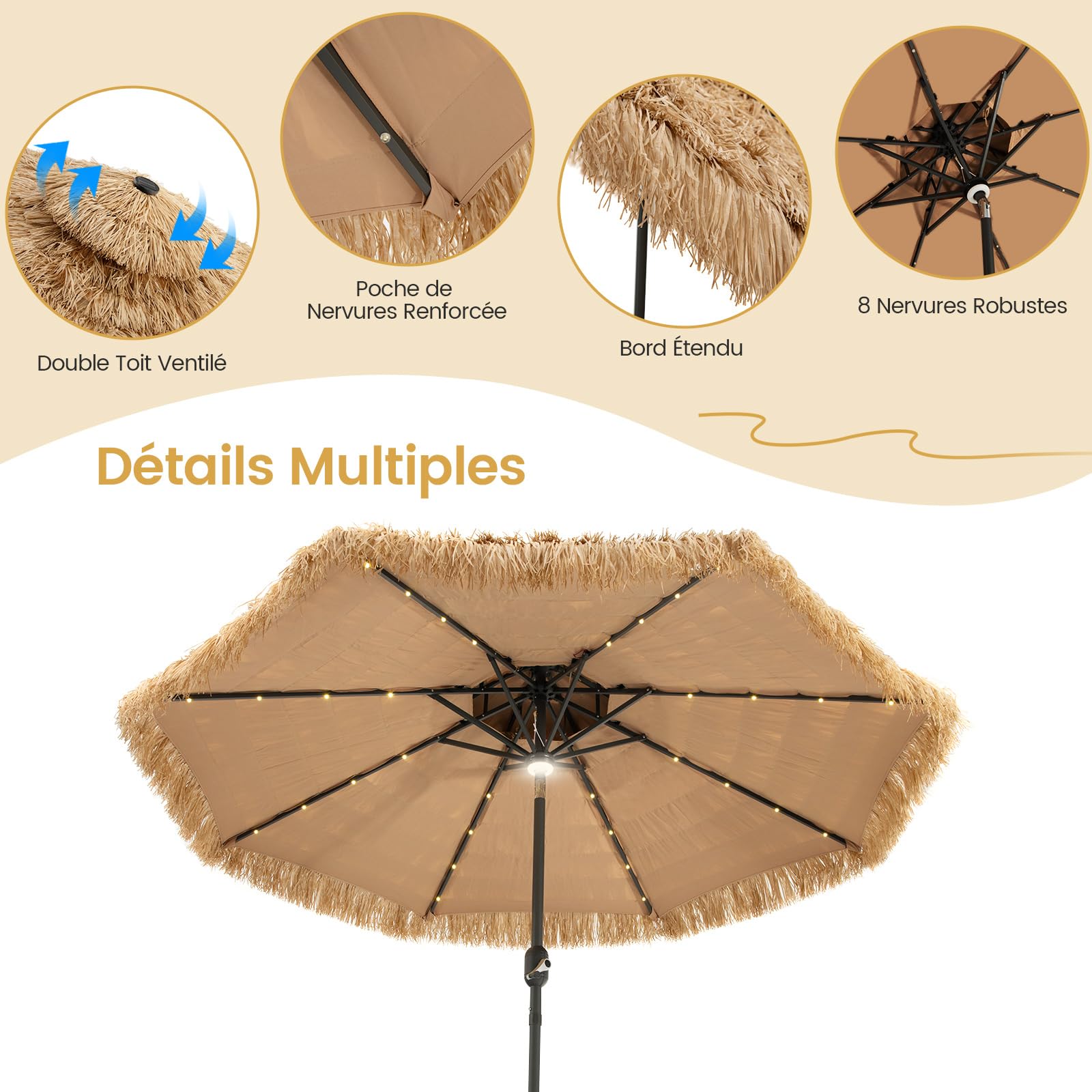 RELAX4LIFE Parasol de Plage Hawaï Tropicale LED Φ282cm