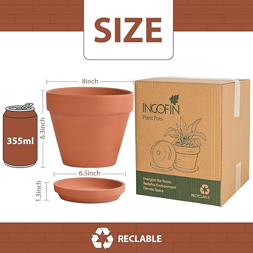 Miniatura 2 de INGOFIN Juego de macetas de terracota con platillo, paquete de 2 macetas de arcilla de cerámica con orificio de drenaje, macetas para suculentas de