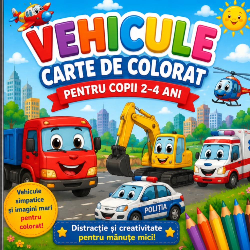 Vehicule Carte de Colorat pentru Copii 2–4 Ani: Imagini Mari și Simple pentru Mânuțe Mici