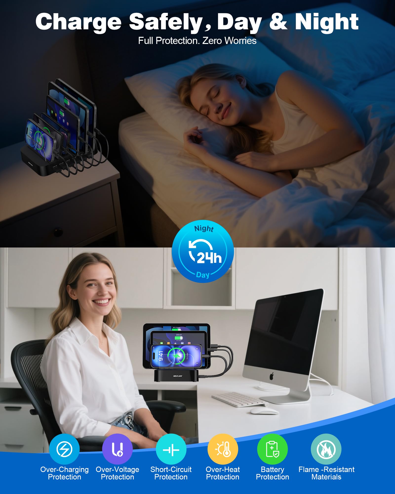 MSTJRY Charging Station for Multiple Devices : 6 Port USB Charger Stations - Family Multi-Device Organizer Charging Dock - Designed for iPhone iPad Android Cell Phone Tablet and Electronic, Black