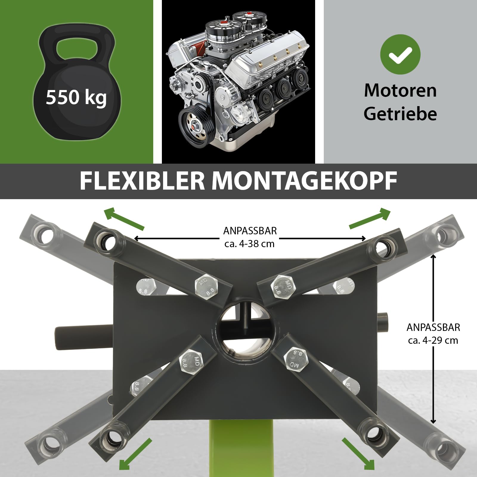 TRUTZHOLM Motorständer Stahl Tragkraft 900 kg 6 Lenkrollen Tragkraft 550 kg 2 Bockrollen 2 Lenkrollen 360° drehbarer Montagekopf Montageständer mit Flexibler Aufnahme für Motoren Getriebe (38637)