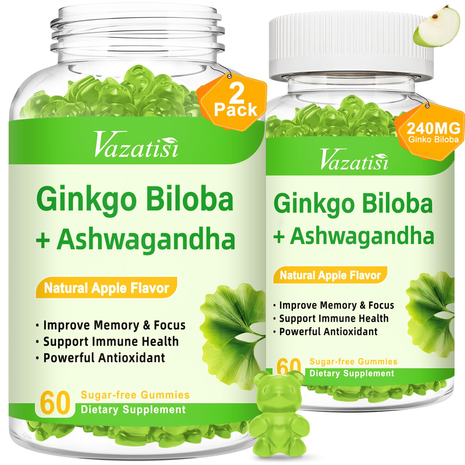 2 Pack Ginkgo Biloba Gummies 240MG with Panax Ginseng for Better Mood and Focus, Booster Brain Health, 120 Vegan Apple Flavor Gummies