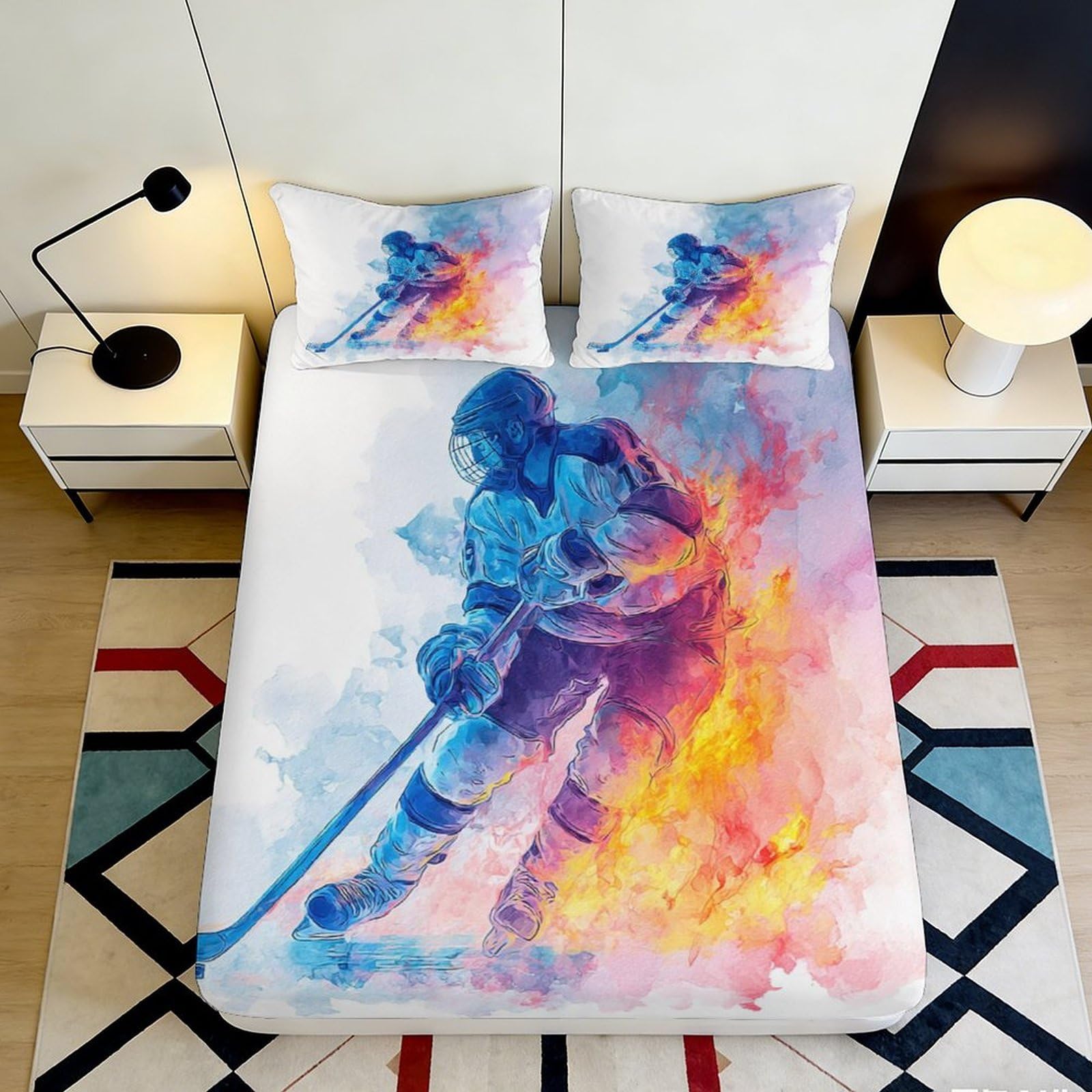 3D Printed Colorful Hockey Player Fitted Sheet Microfiber Soft Bed Cover for Bedroom Dorm Mattress Protector 90x200x25cm
