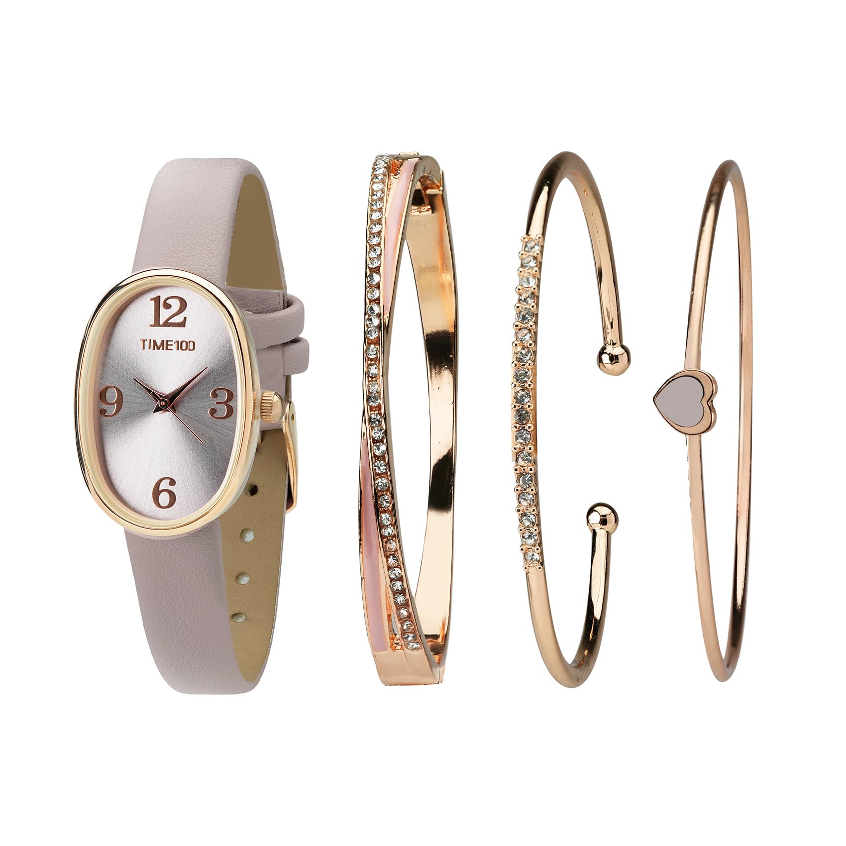TIME100 Women's Oval Watch and Premium Crystal Accented Bracelet Set, Leather Band