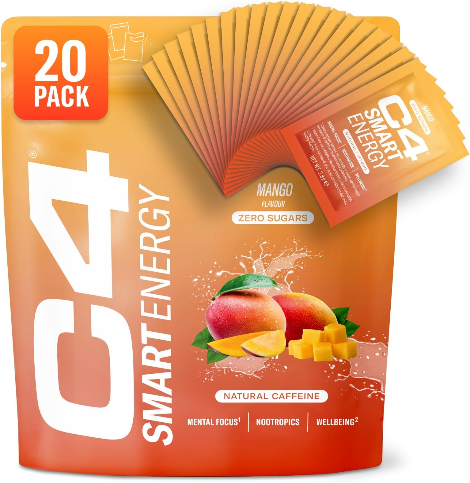 C4 Smart Energy | 20 Nootropic Powder Sachets with Brainberry, L Tyrosine + Natural Caffeine | Promotes Sharp Mental Focus + Wellbeing | Low Calorie Sugar Free Energy Drink | Focus Supplement | Mango