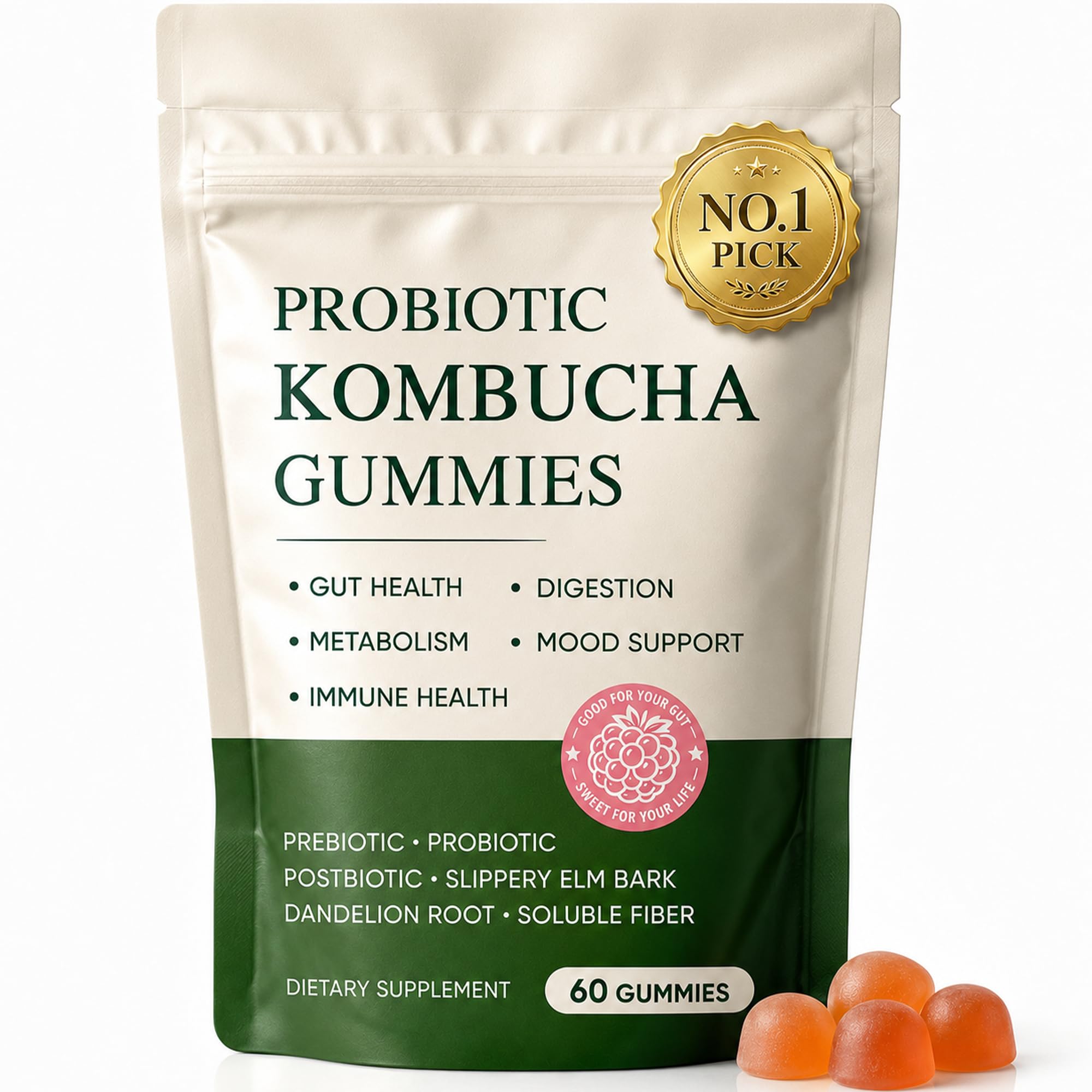 Probiotic Kombucha Gummies | Prebiotics, Probiotics, Postbiotics | Slippery Elm Bark, Dandelion Root, Soluble Fiber, Mct Oil | Bloating, Gut Health | 60 Gummies 1