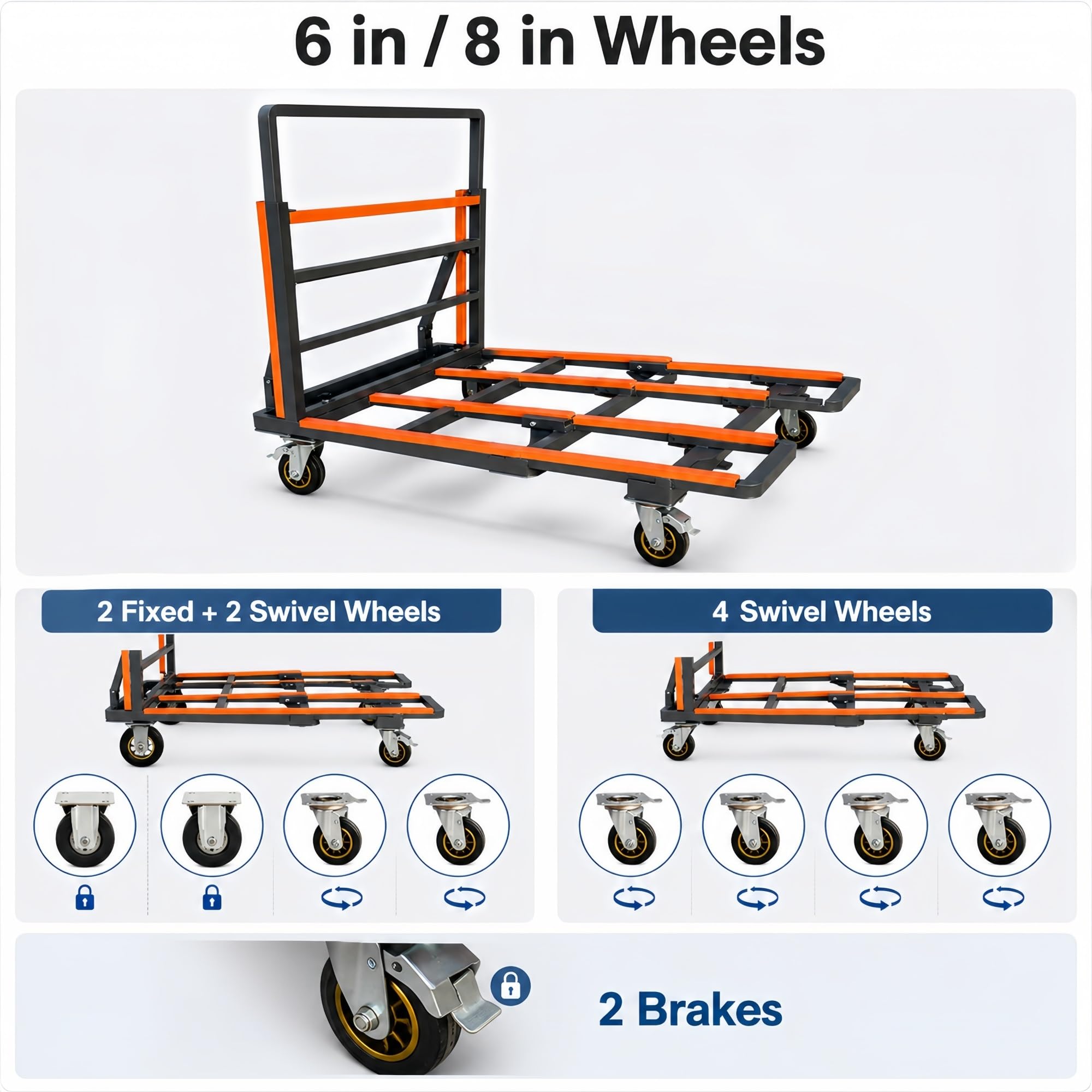 Klappbarer Transportwagen for Glasplatten, Steinplatten und Türen | Verstellbare Stützleiste mit Gummipads for flexible Plattenablage(4SWIVEL CASTERS,6INCH)