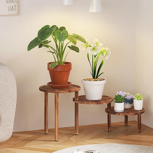 Miniatura 6 de Soportes para plantas de 3 niveles para interior, estantes de madera para plantas de interior, múltiples, estante de plantas en escalera de 3 pasos,