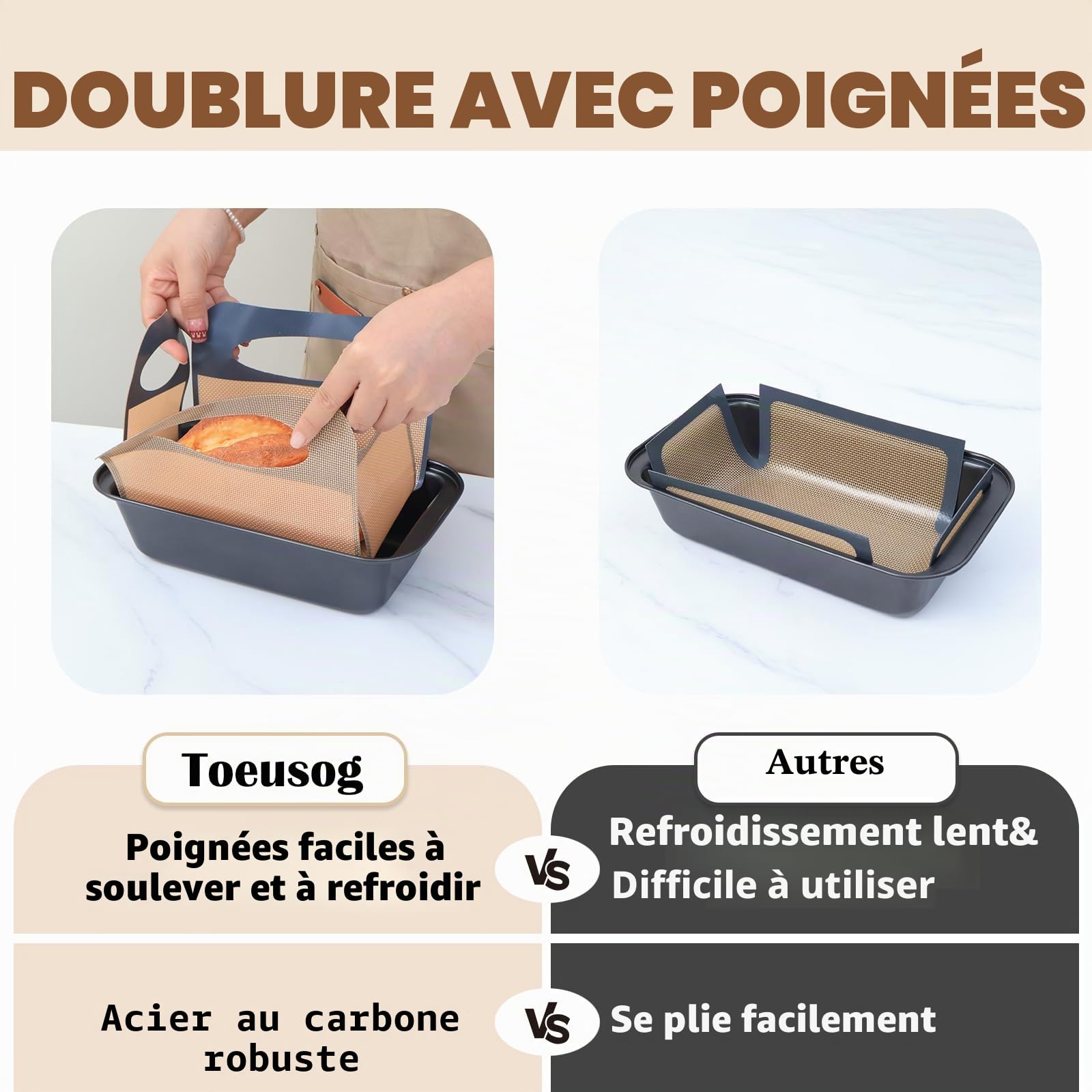 Moule a Cake Lot de 2: Moule Gâteau 27x15x7cm avec 2 Tapis de Cuisson - Moules à Pain Antiadhésif Rectangulaire pour Four - Réutilisable Moules Pâtisserie en Acier Carbone
