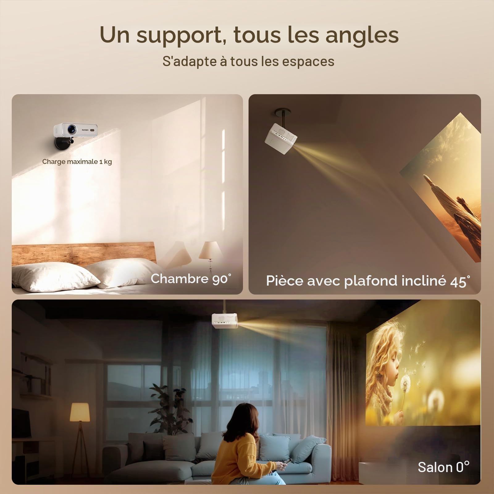 Aurzen Support Plafond pour projecteur, Rotatif à 360° et inclinable à 90° | Réglable de 9 à 15", vis 6,35 mm, compatible avec la plupart des projecteurs, dont Aurzen, Epson et Yaber.
